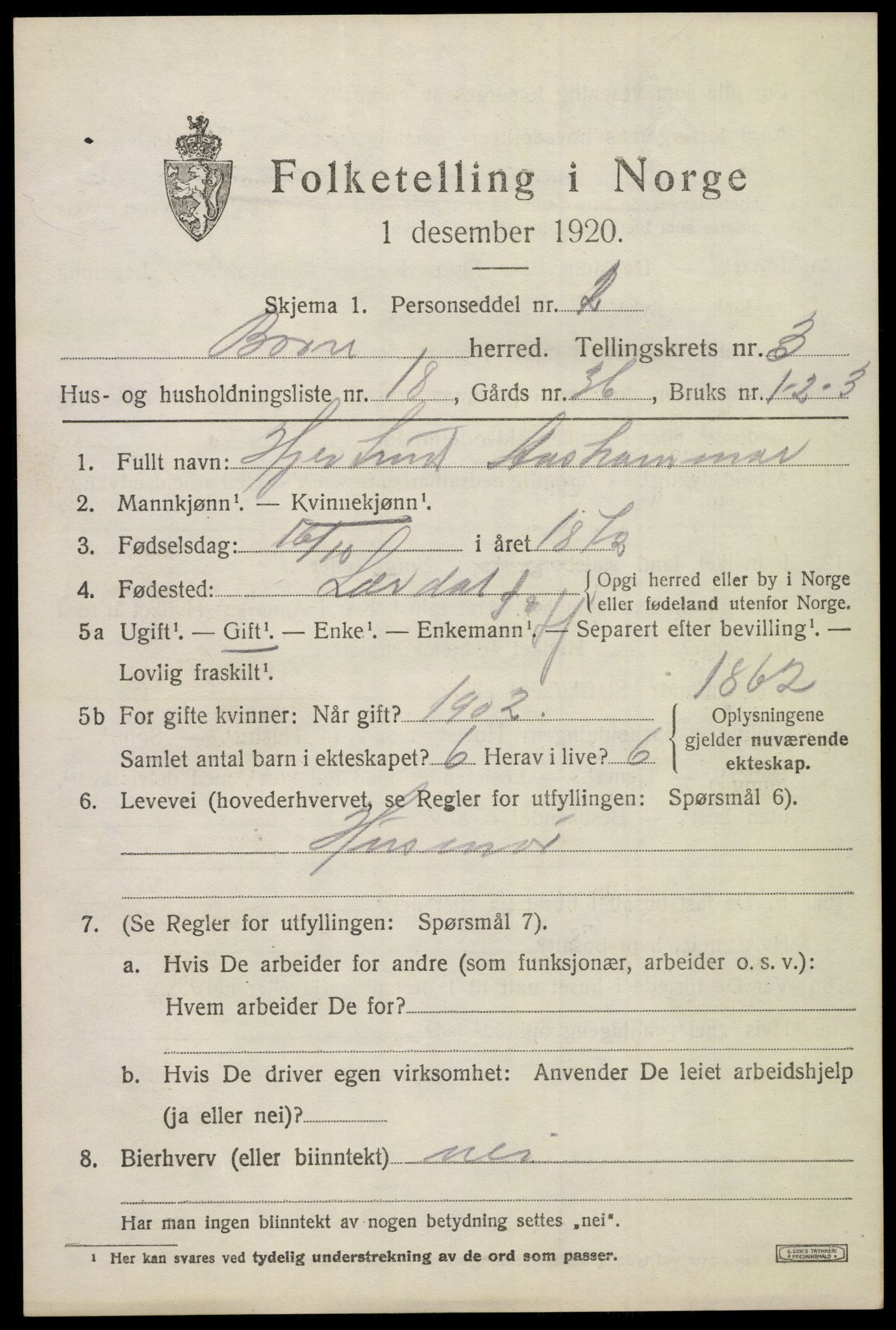 SAKO, 1920 census for Borre, 1920, p. 6232