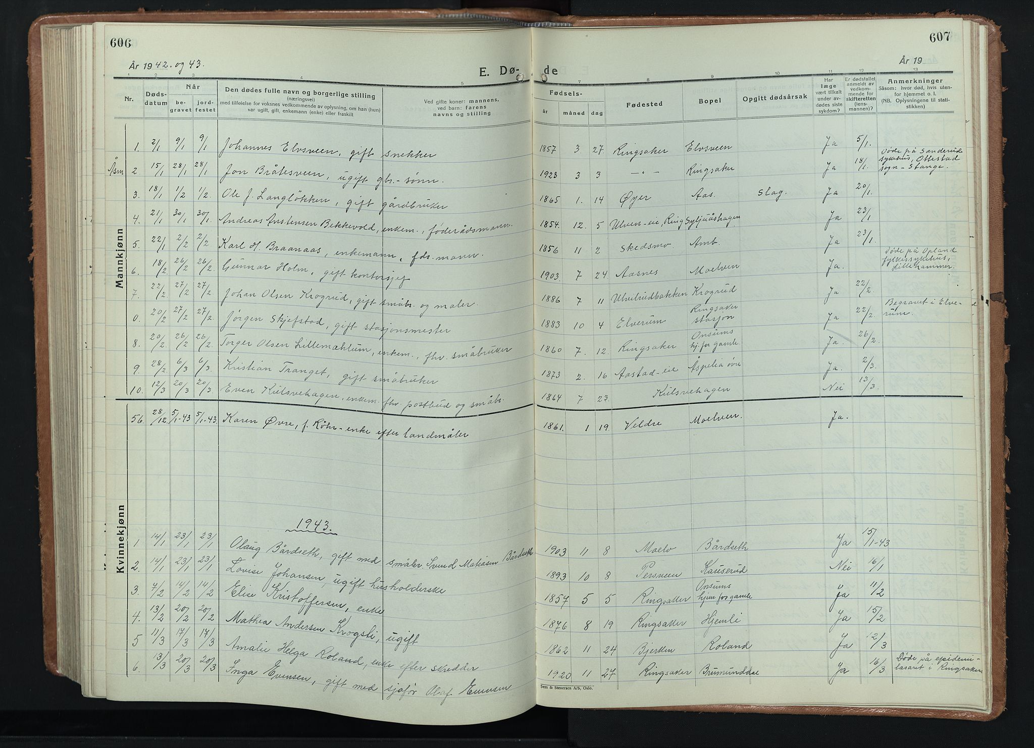 Ringsaker prestekontor, SAH/PREST-014/L/La/L0020: Parish register (copy) no. 20, 1934-1946, p. 606-607