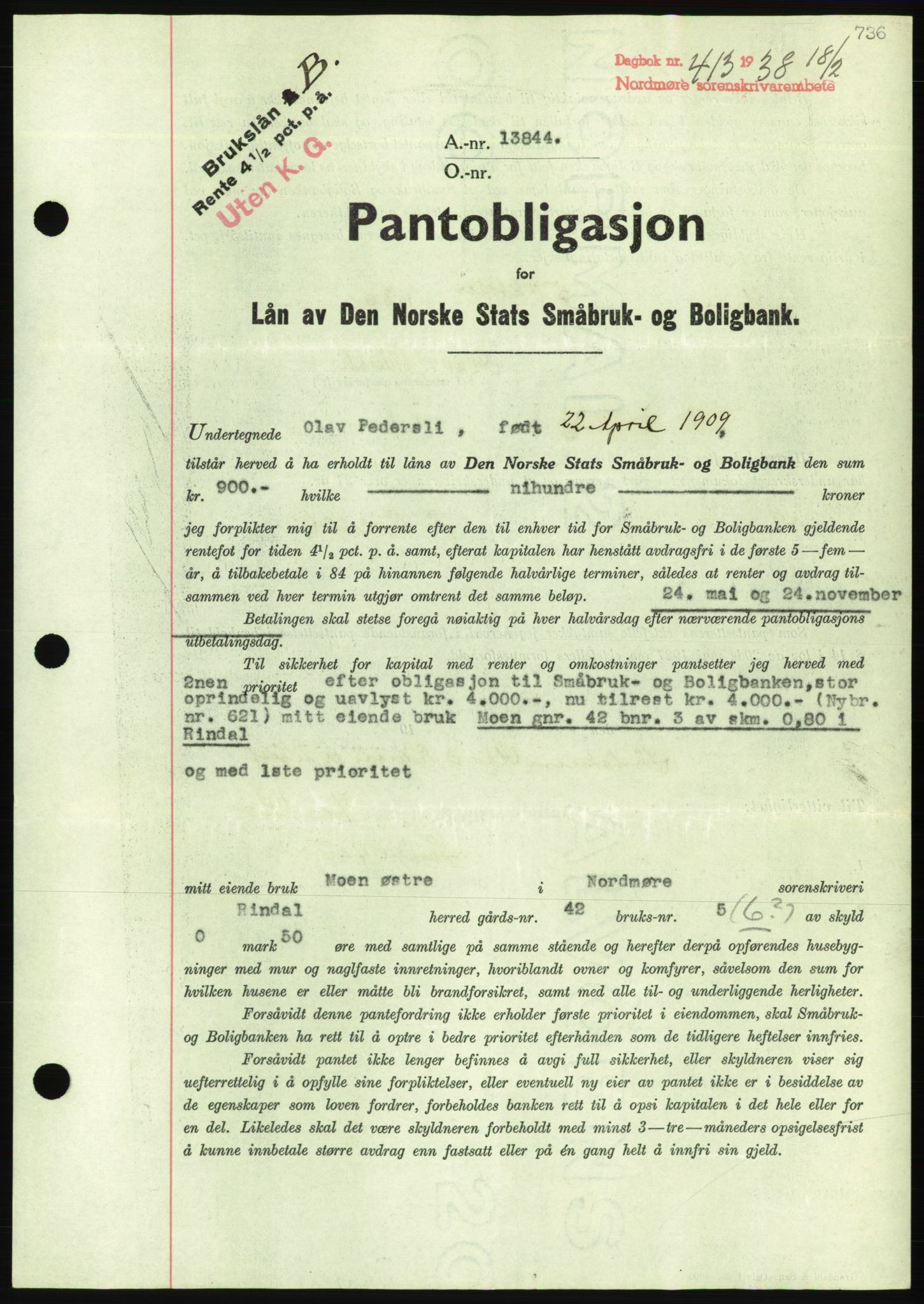 Nordmøre sorenskriveri, AV/SAT-A-4132/1/2/2Ca/L0092: Mortgage book no. B82, 1937-1938, Diary no: : 413/1938