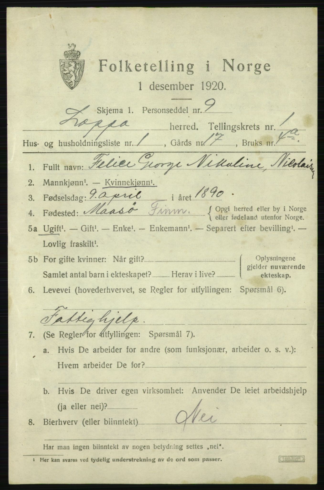 SATØ, 1920 census for Loppa, 1920, p. 638