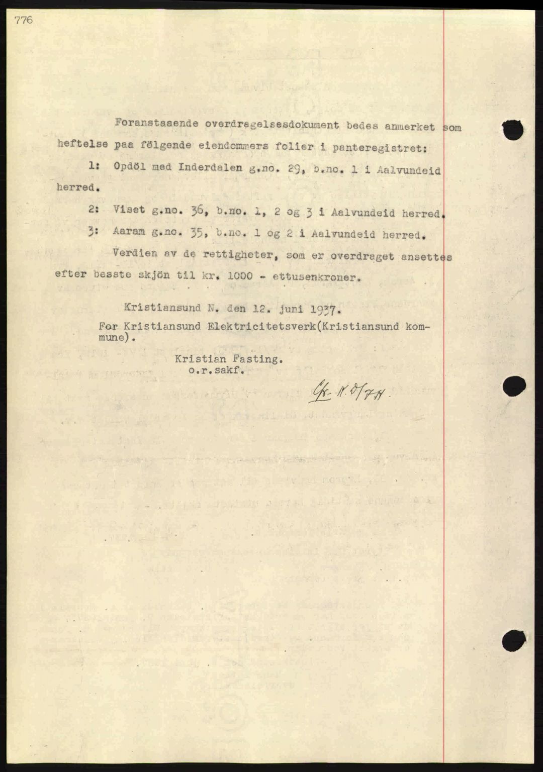 Nordmøre sorenskriveri, AV/SAT-A-4132/1/2/2Ca: Mortgage book no. A81, 1937-1937, Diary no: : 1566/1937