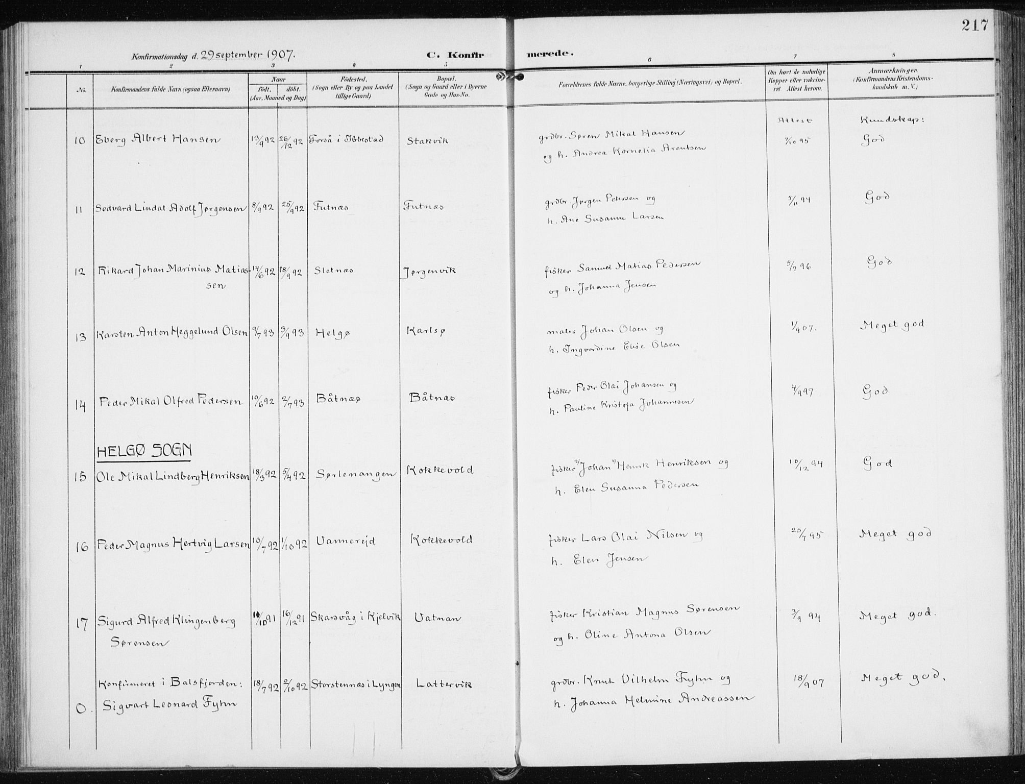 Karlsøy sokneprestembete, AV/SATØ-S-1299/H/Ha/Haa/L0014kirke: Parish register (official) no. 14, 1903-1917, p. 217