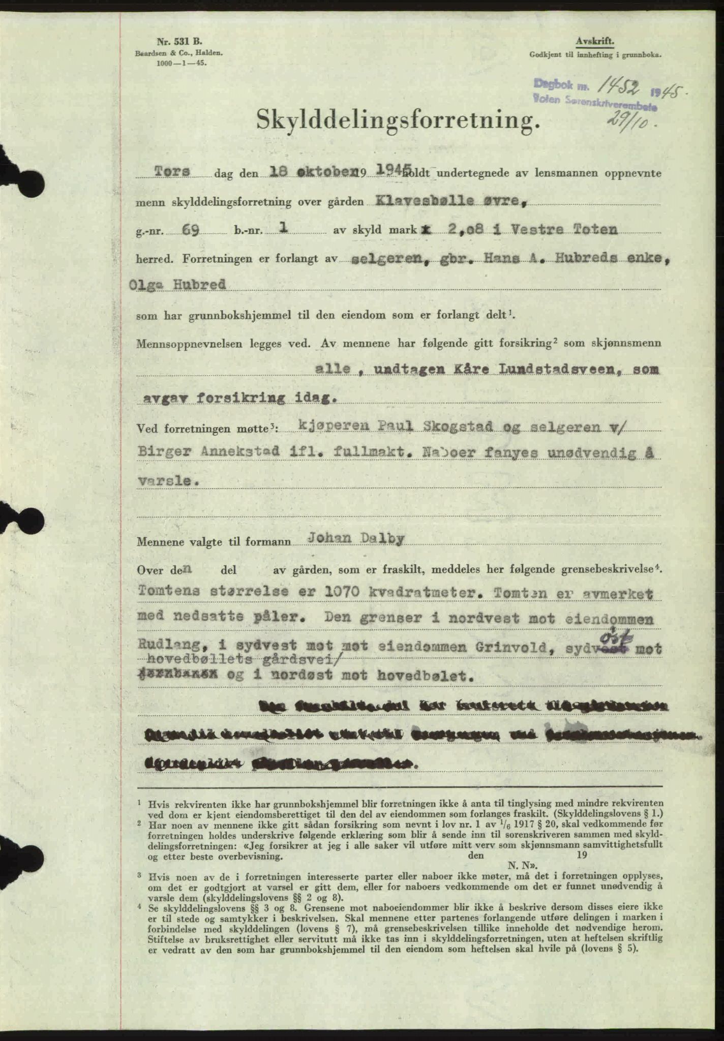 Toten tingrett, SAH/TING-006/H/Hb/Hbc/L0013: Mortgage book no. Hbc-13, 1945-1945, Diary no: : 1452/1945