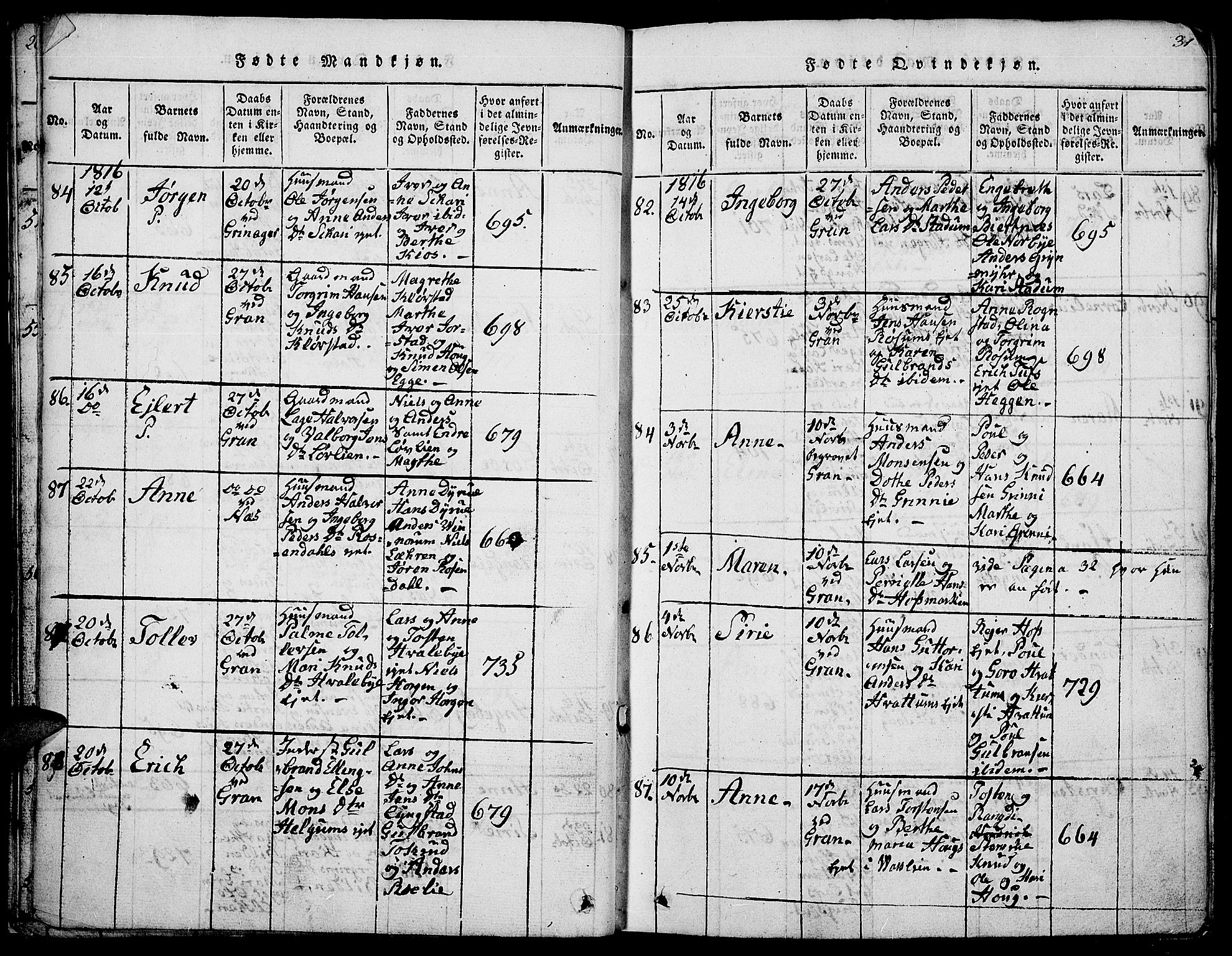 Gran prestekontor, SAH/PREST-112/H/Ha/Hab/L0001: Parish register (copy) no. 1, 1815-1824, p. 30-31