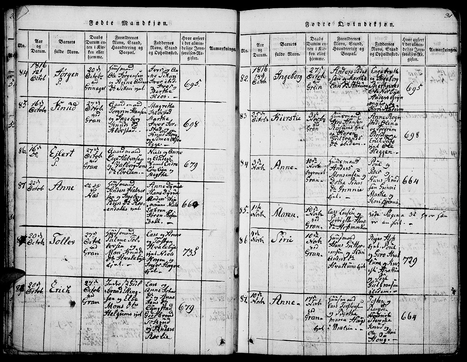 Gran prestekontor, AV/SAH-PREST-112/H/Ha/Hab/L0001: Parish register (copy) no. 1, 1815-1824, p. 30-31