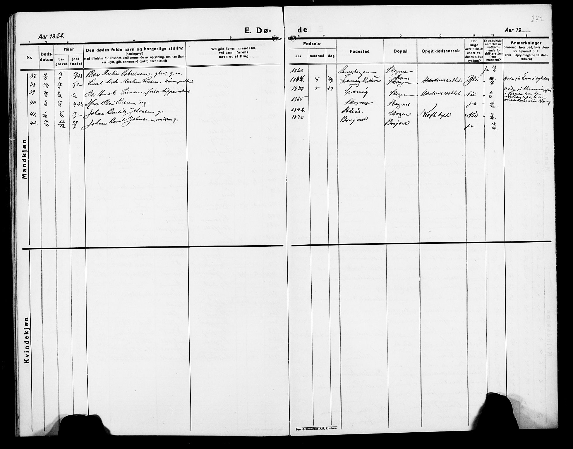 Lenvik sokneprestembete, AV/SATØ-S-1310/H/Ha/Hab/L0009klokker: Parish register (copy) no. 9, 1912-1926, p. 242