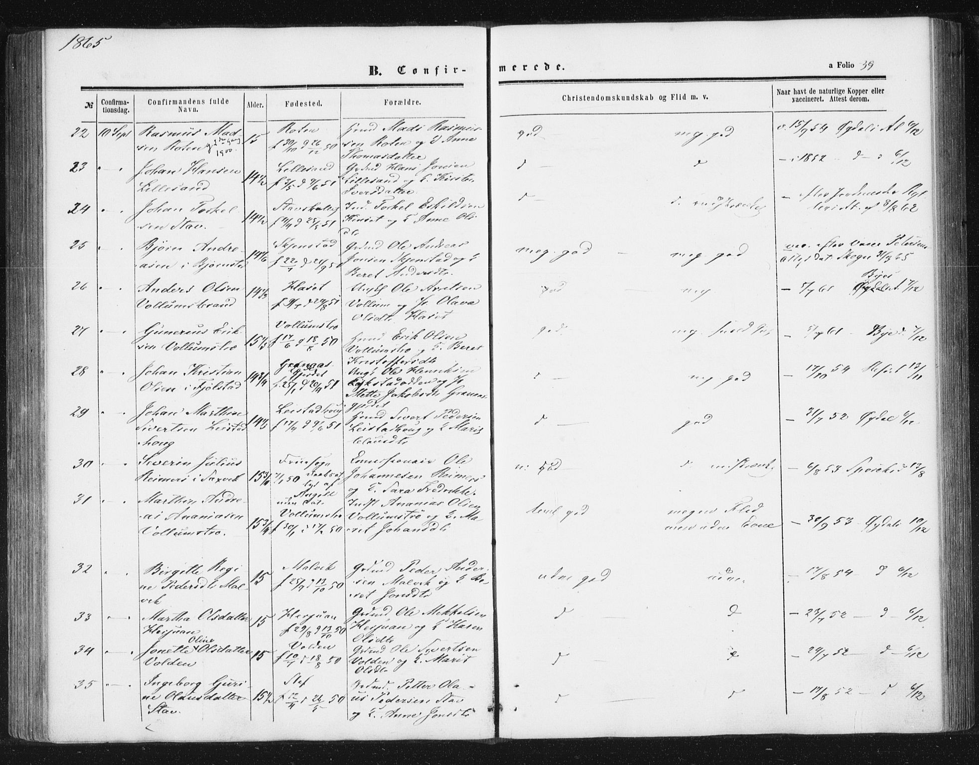 Ministerialprotokoller, klokkerbøker og fødselsregistre - Sør-Trøndelag, AV/SAT-A-1456/616/L0408: Parish register (official) no. 616A05, 1857-1865, p. 39