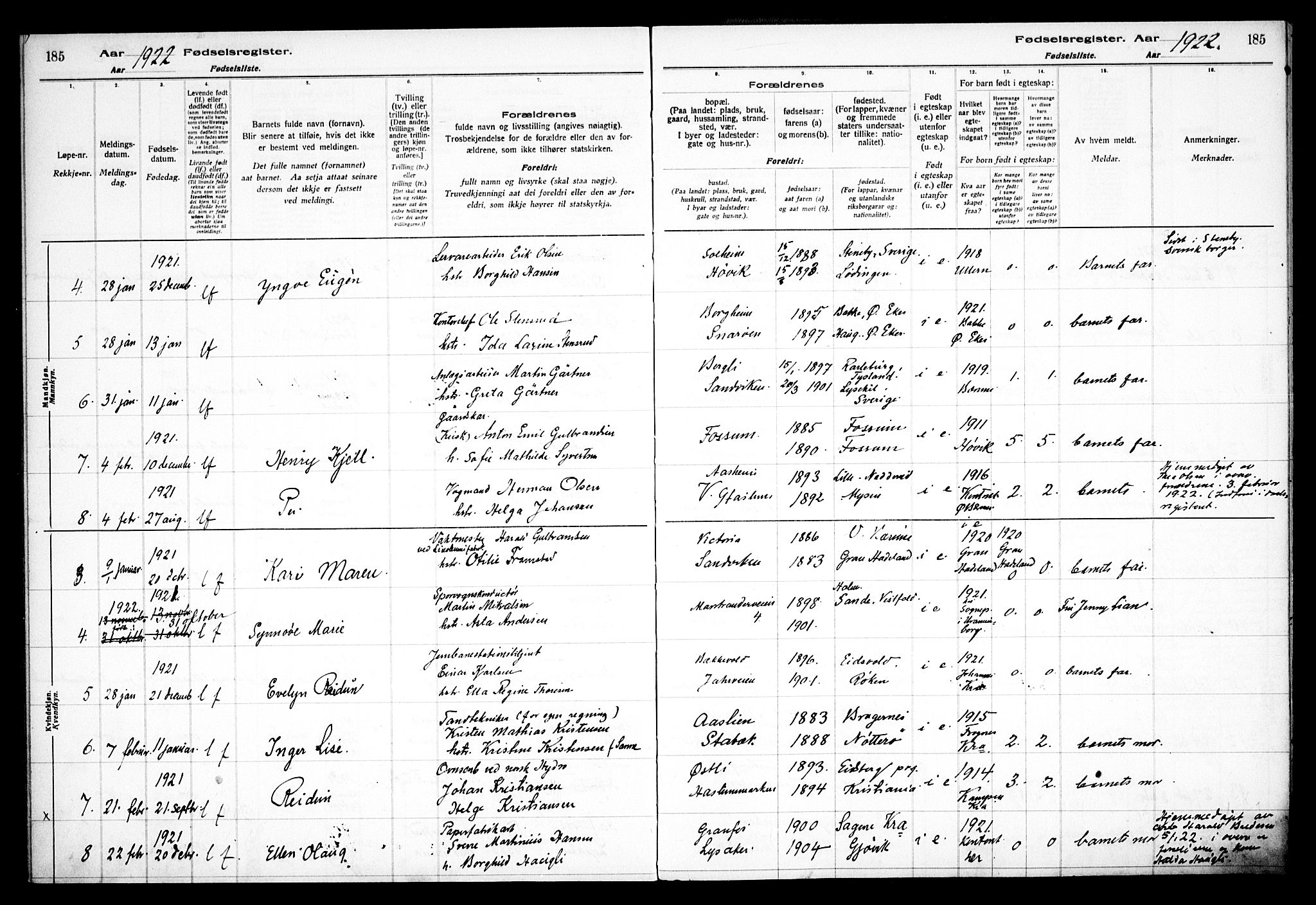 Østre Bærum prestekontor Kirkebøker, AV/SAO-A-10887/J/Ja/L0001: Birth register no. 1, 1916-1922, p. 185