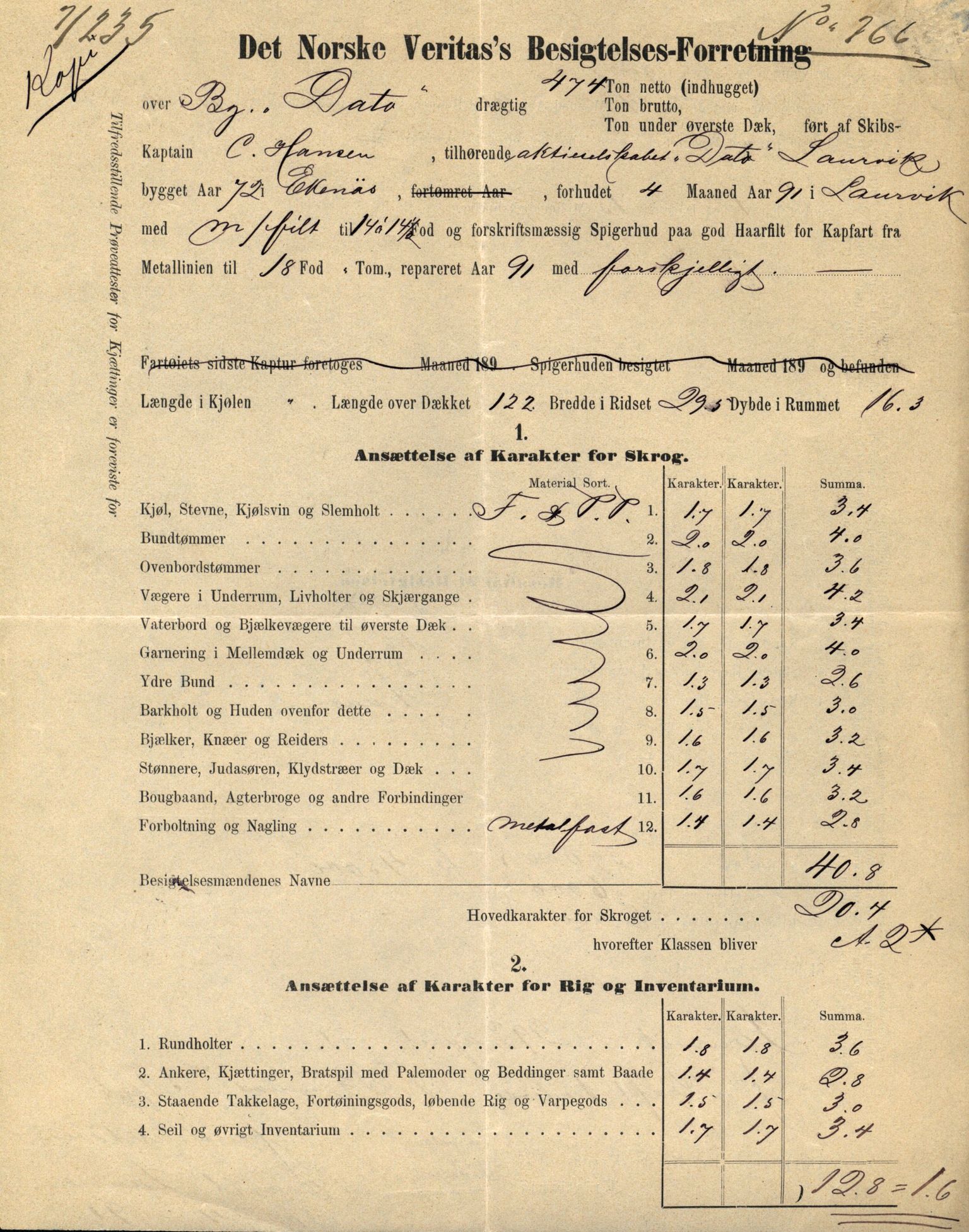 Pa 63 - Østlandske skibsassuranceforening, VEMU/A-1079/G/Ga/L0030/0002: Havaridokumenter / To venner, Emil, Empress, Enterprise, Dacapo, Dato, 1893, p. 101