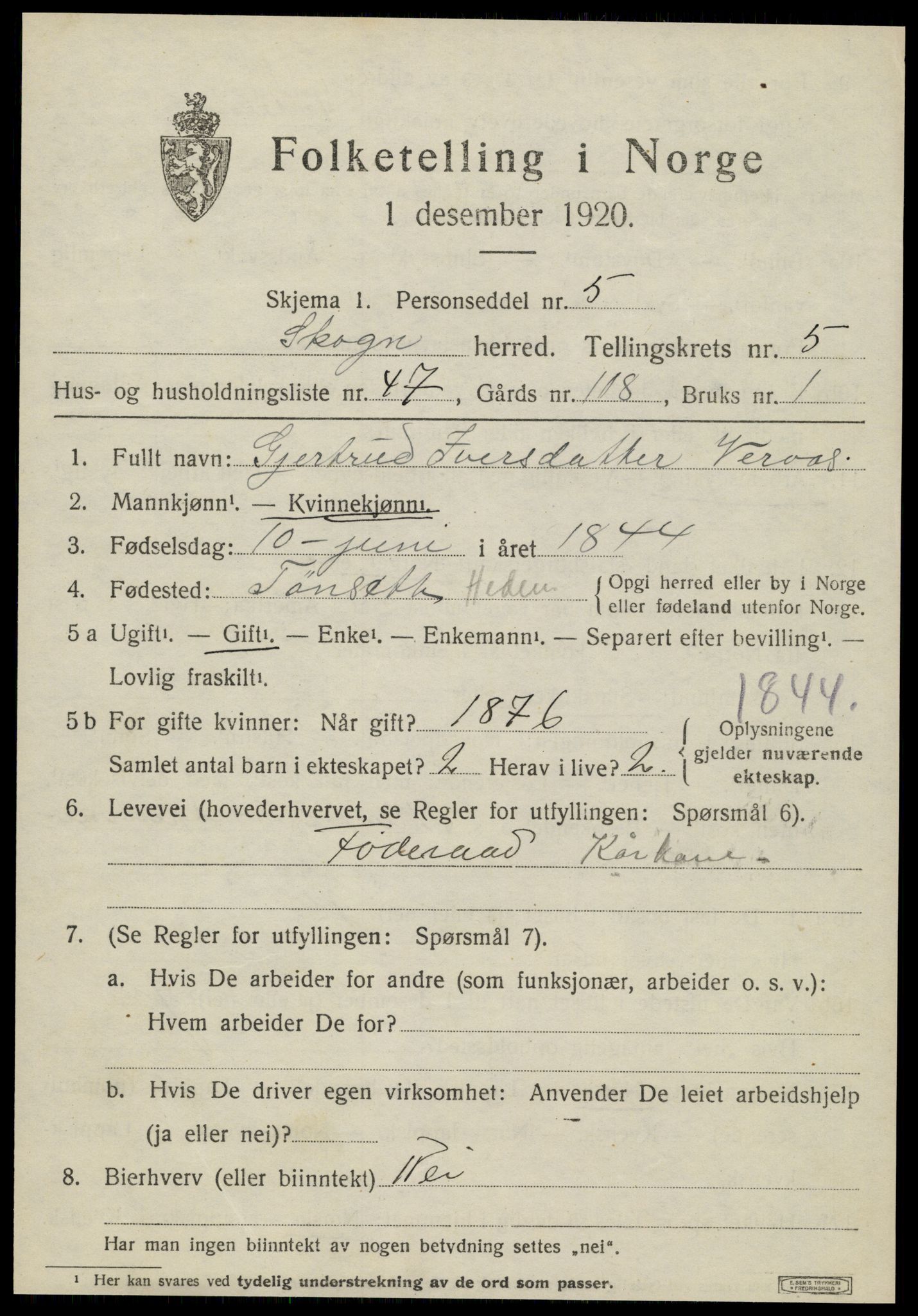 SAT, 1920 census for Skogn, 1920, p. 6989