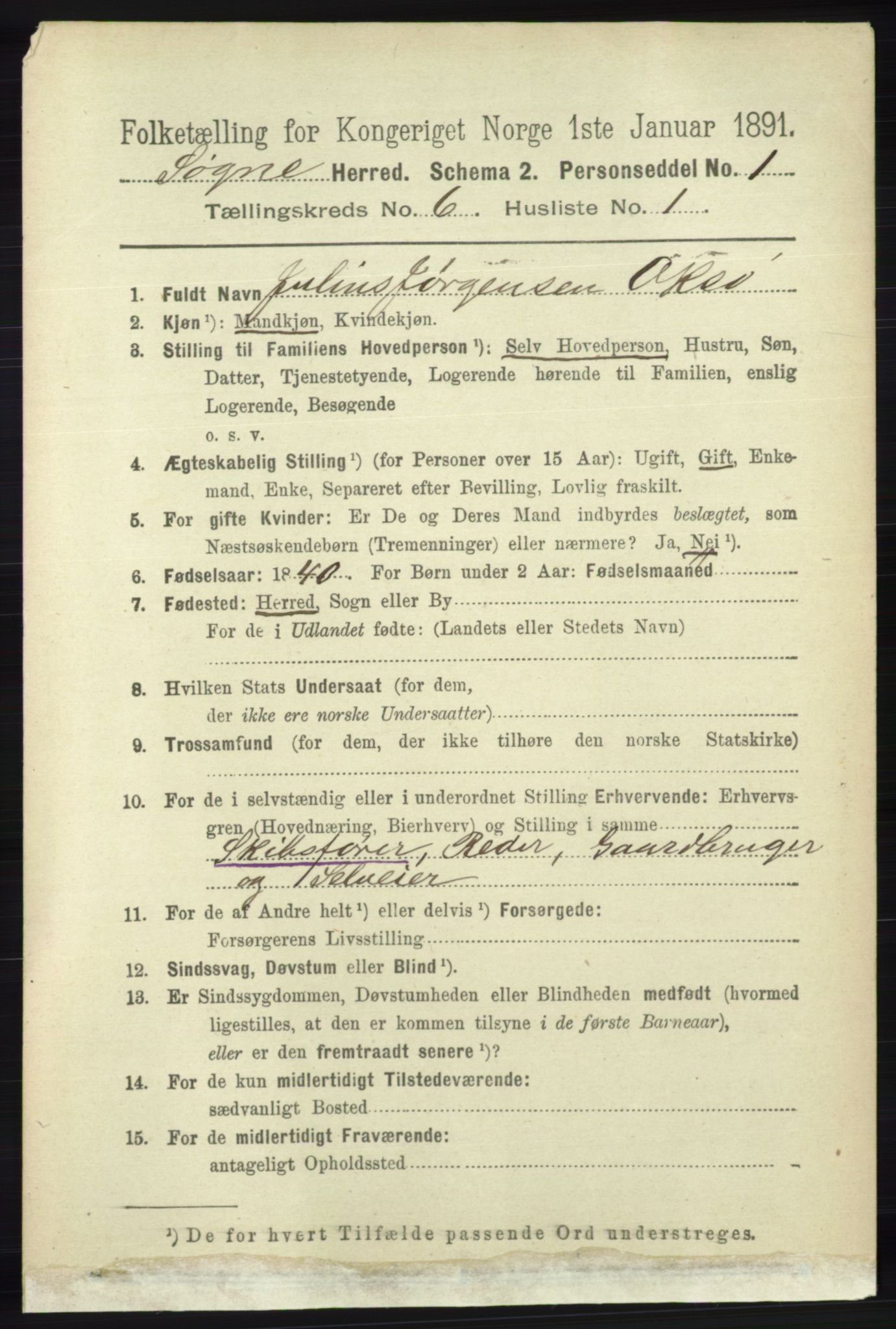 RA, 1891 census for 1018 Søgne, 1891, p. 1367