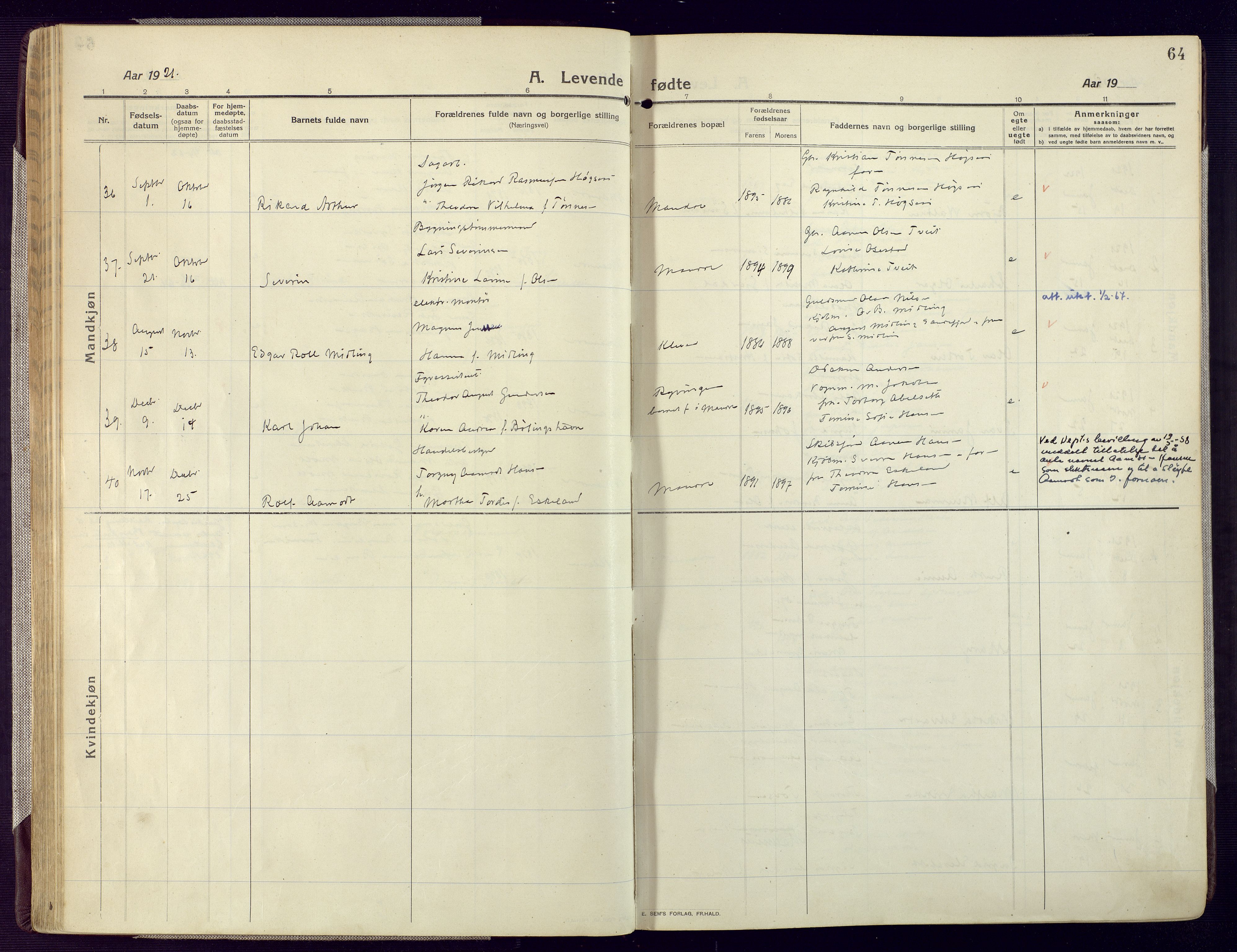 Mandal sokneprestkontor, AV/SAK-1111-0030/F/Fa/Fac/L0001: Parish register (official) no. A 1, 1913-1925, p. 64