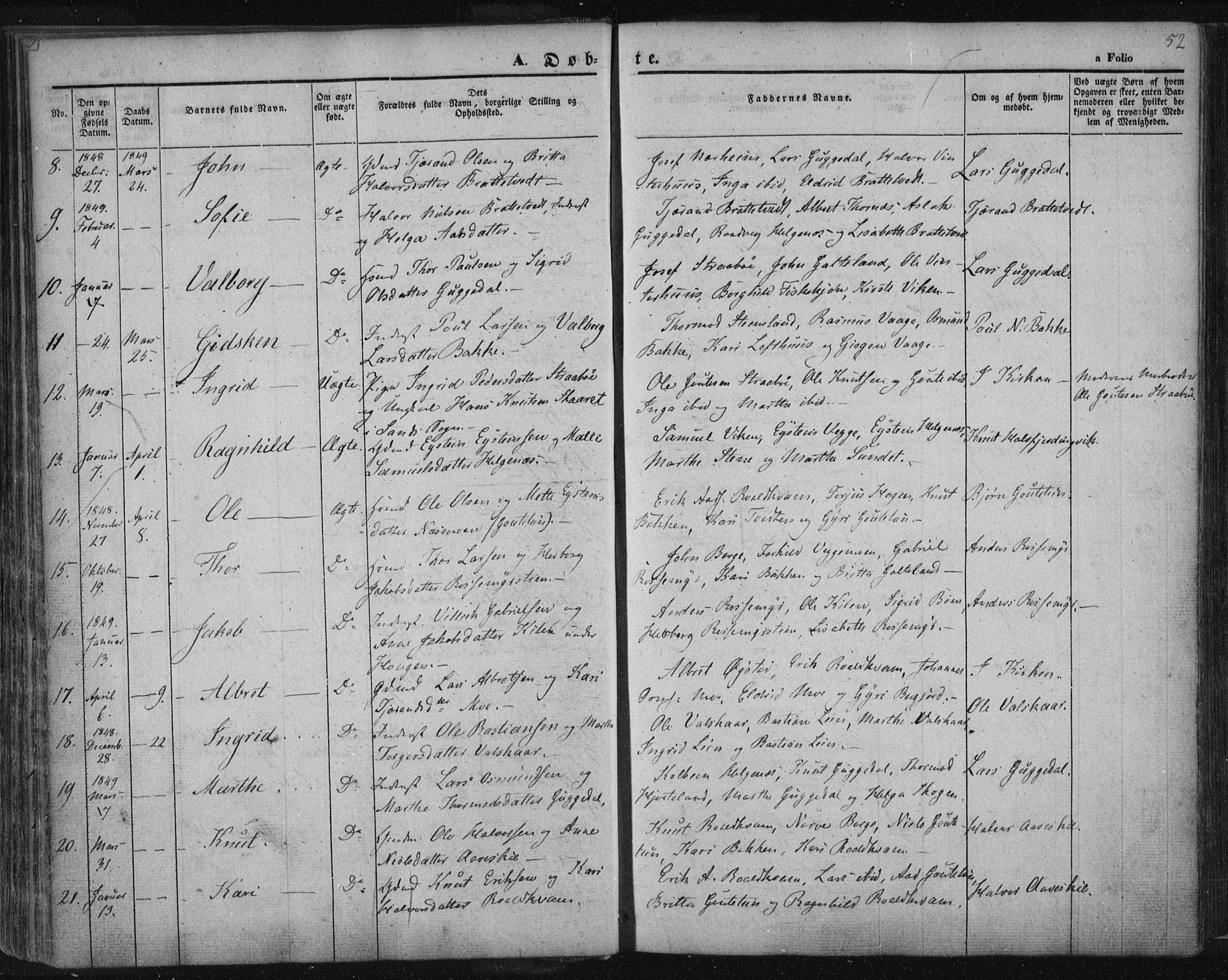 Suldal sokneprestkontor, SAST/A-101845/01/IV/L0008: Parish register (official) no. A 8, 1836-1853, p. 52