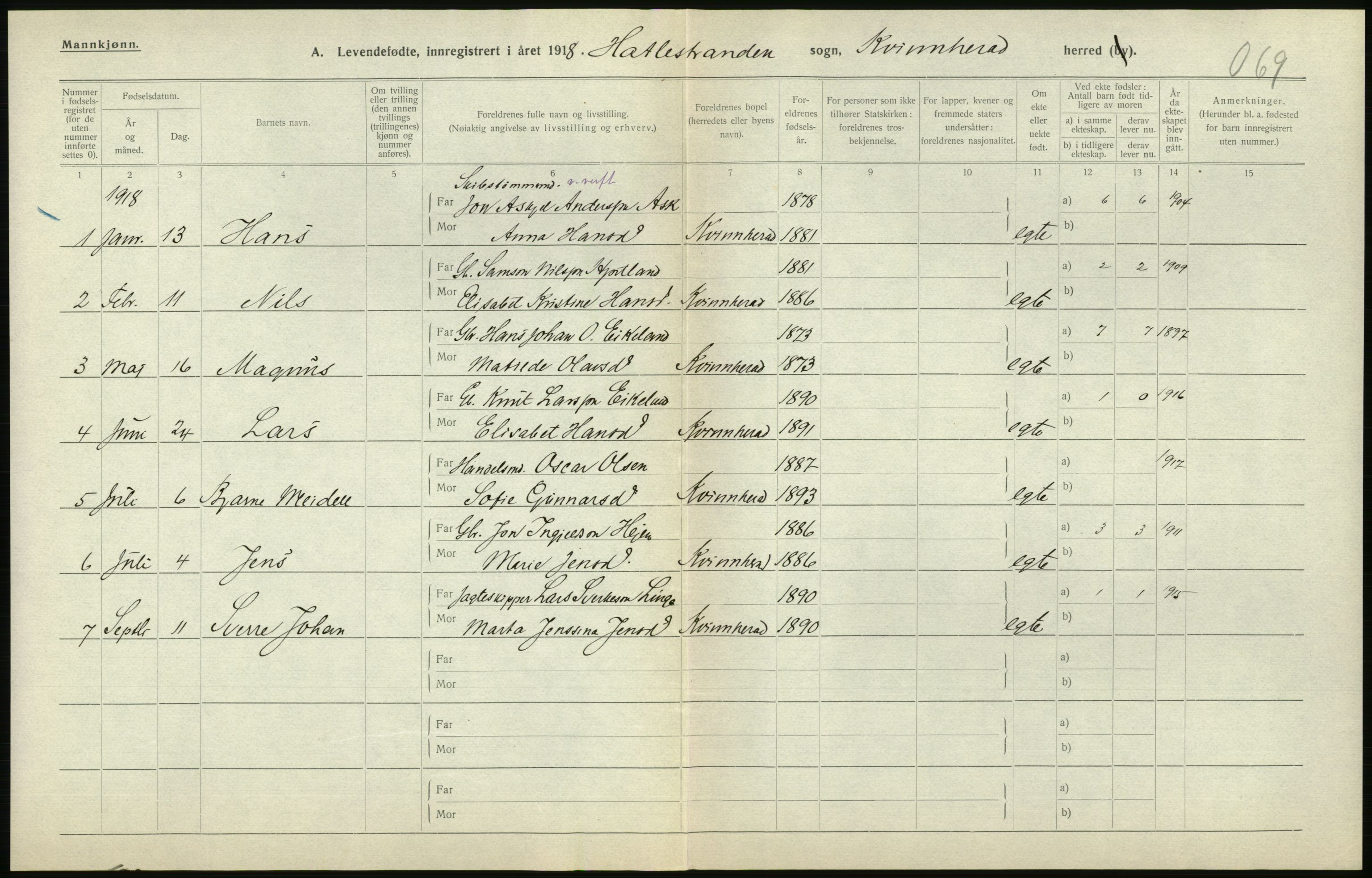 Statistisk sentralbyrå, Sosiodemografiske emner, Befolkning, RA/S-2228/D/Df/Dfb/Dfbh/L0034: Hordaland fylke: Levendefødte menn og kvinner. Bygder., 1918, p. 306