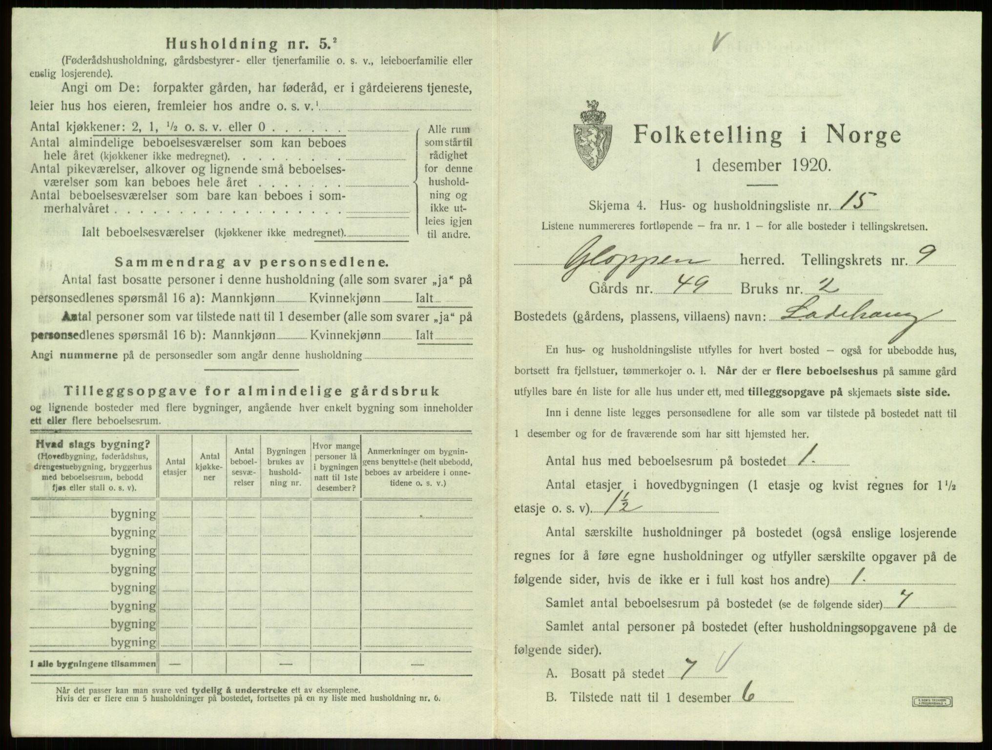 SAB, 1920 census for Gloppen, 1920, p. 639