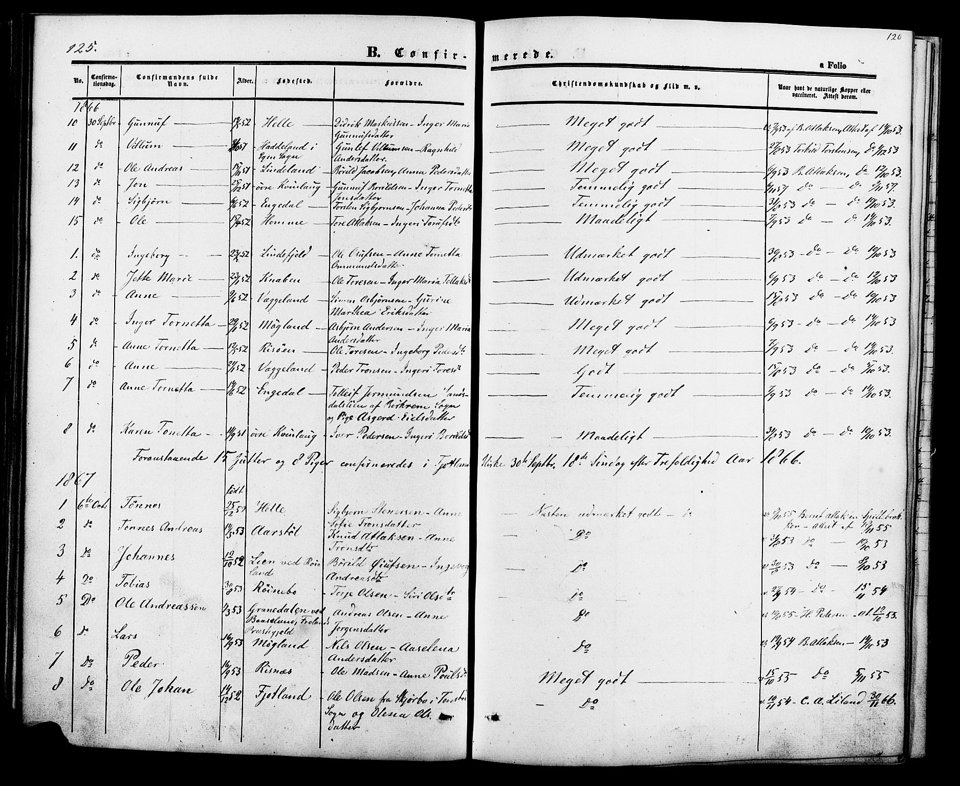 Fjotland sokneprestkontor, SAK/1111-0010/F/Fa/L0001: Parish register (official) no. A 1, 1850-1879, p. 120
