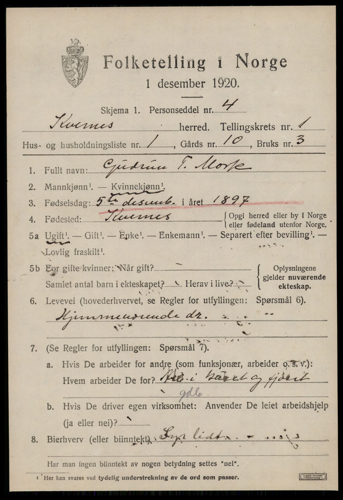 SAT, 1920 census for Kvernes, 1920, p. 289