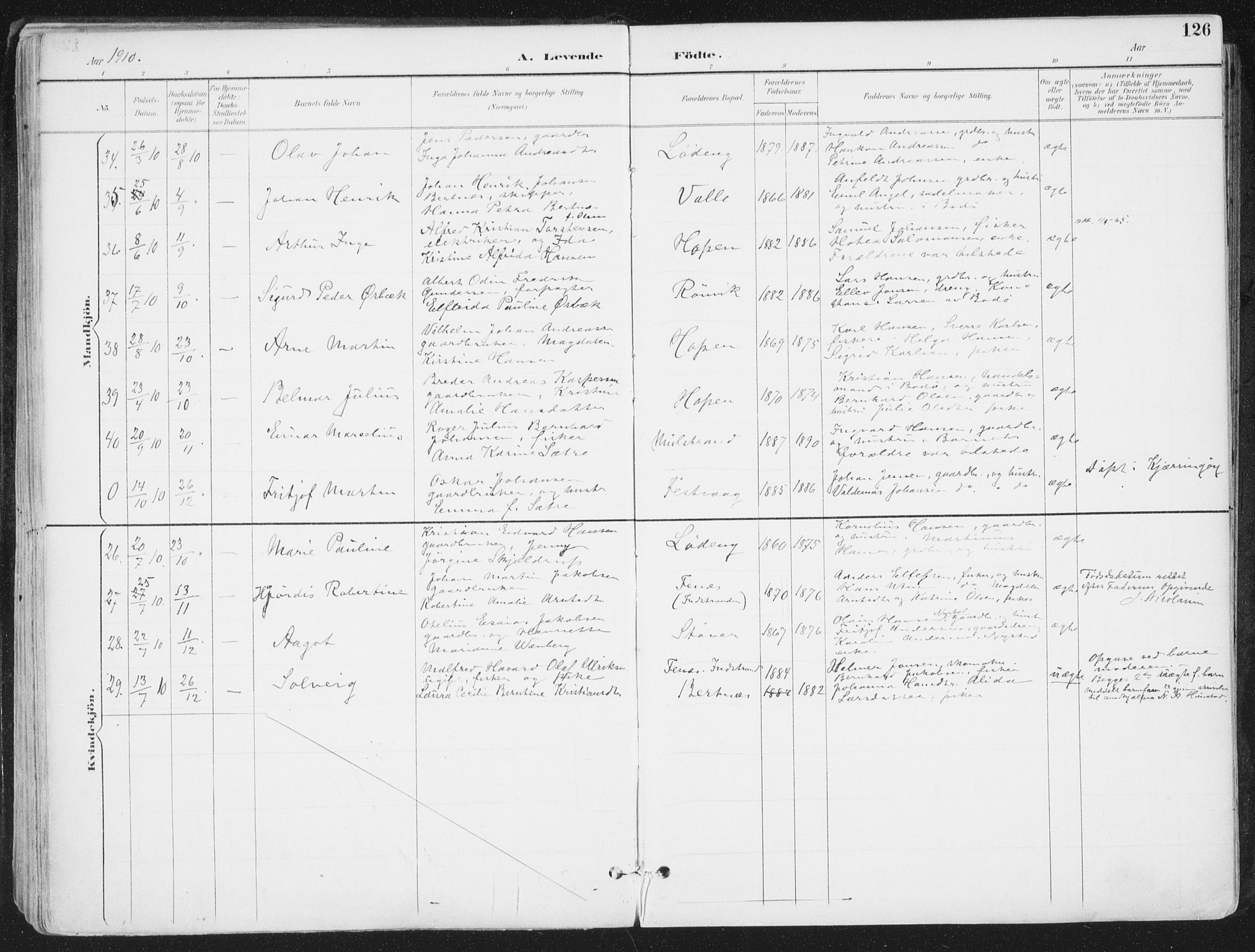 Ministerialprotokoller, klokkerbøker og fødselsregistre - Nordland, SAT/A-1459/802/L0055: Parish register (official) no. 802A02, 1894-1915, p. 126