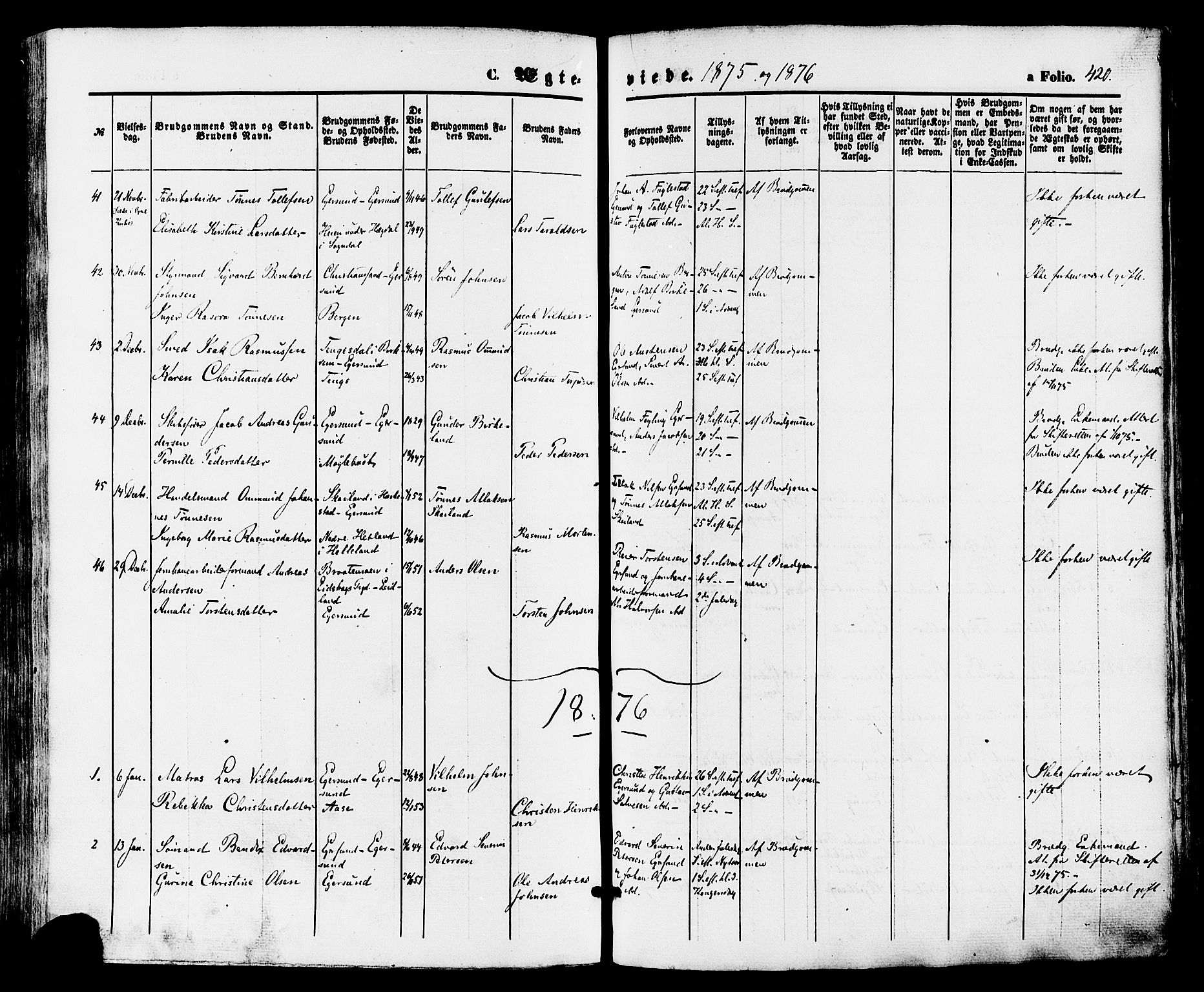 Eigersund sokneprestkontor, AV/SAST-A-101807/S08/L0014: Parish register (official) no. A 13, 1866-1878, p. 420