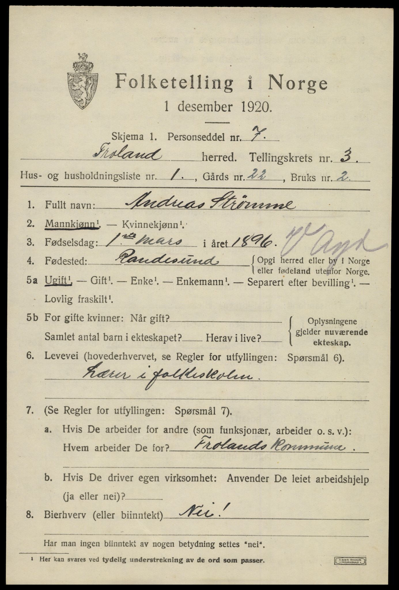 SAK, 1920 census for Froland, 1920, p. 2633