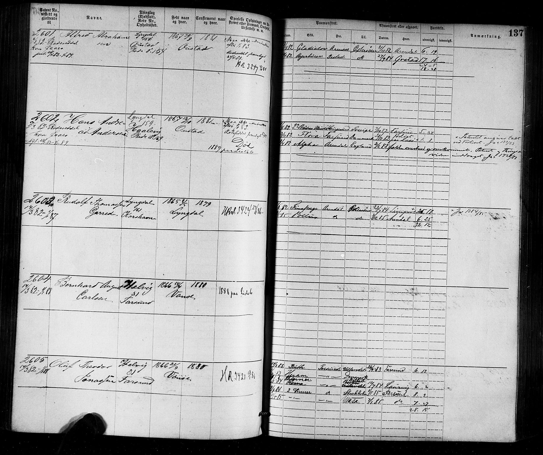 Farsund mønstringskrets, SAK/2031-0017/F/Fa/L0002: Annotasjonsrulle nr 1921-3815 med register, M-2, 1877-1894, p. 165