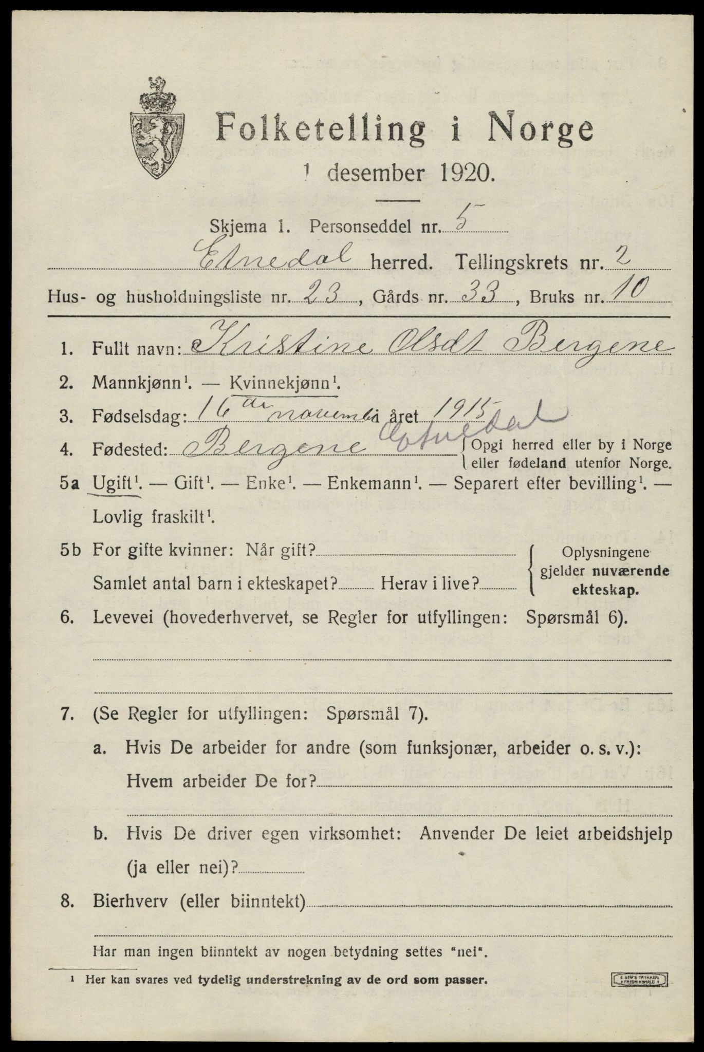 SAH, 1920 census for Etnedal, 1920, p. 1282