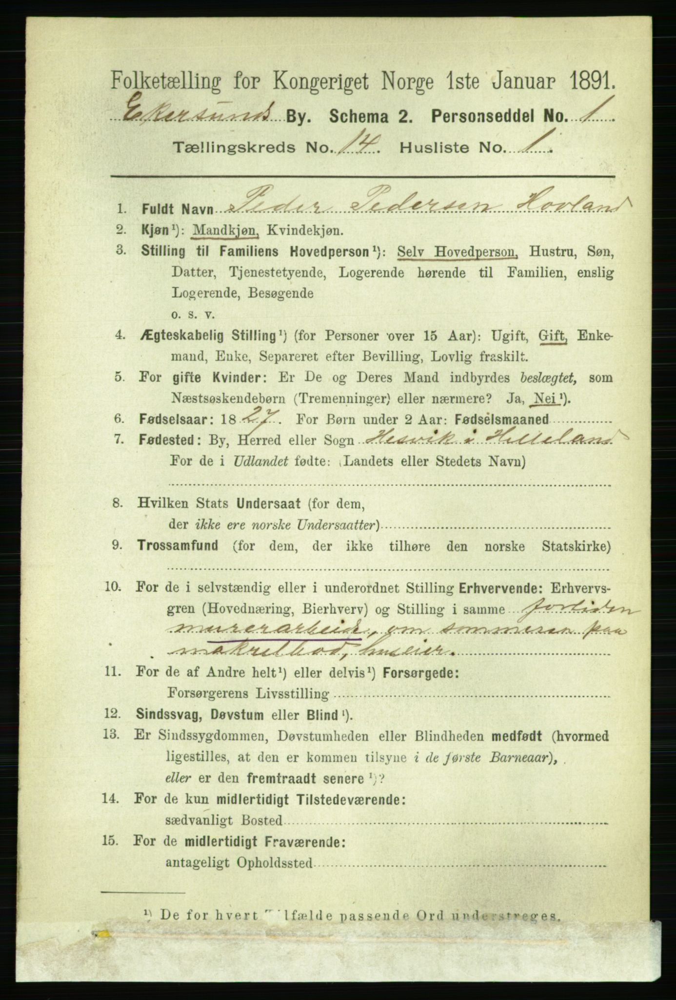 RA, 1891 census for 1101 Egersund, 1891, p. 2633