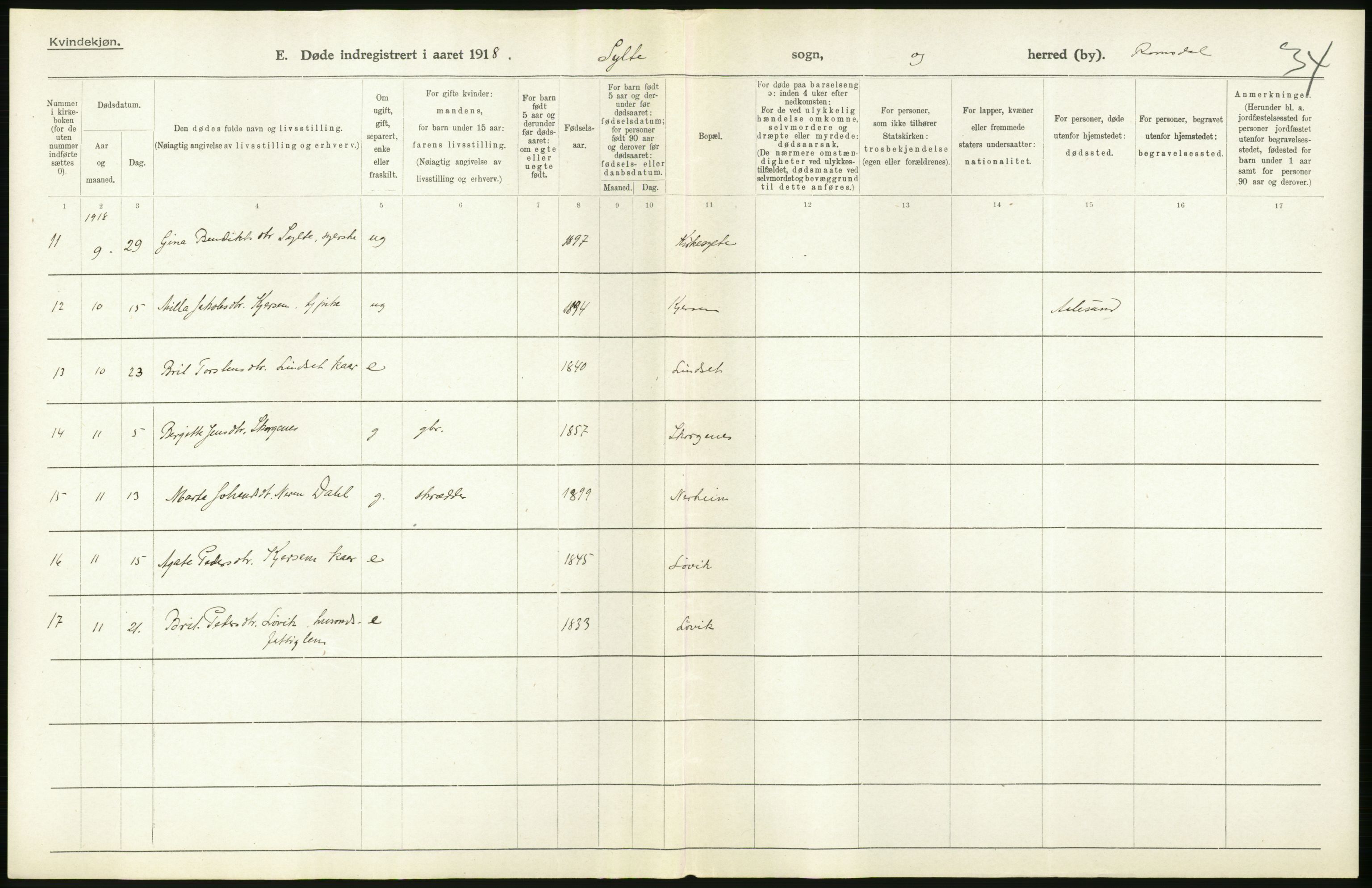 Statistisk sentralbyrå, Sosiodemografiske emner, Befolkning, RA/S-2228/D/Df/Dfb/Dfbh/L0045: Møre fylke: Døde. Bygder og byer., 1918, p. 126