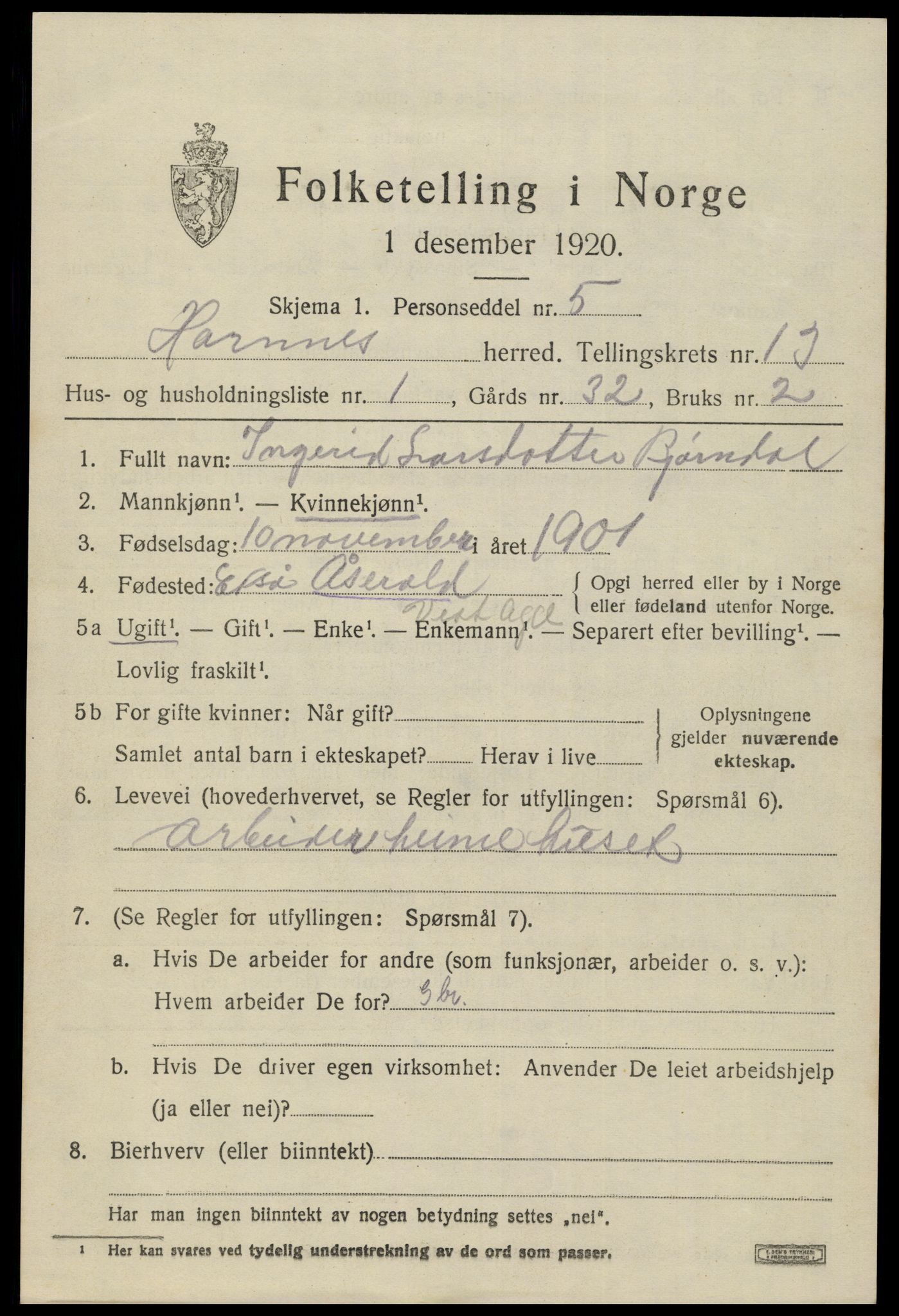 SAK, 1920 census for Hornnes, 1920, p. 3057