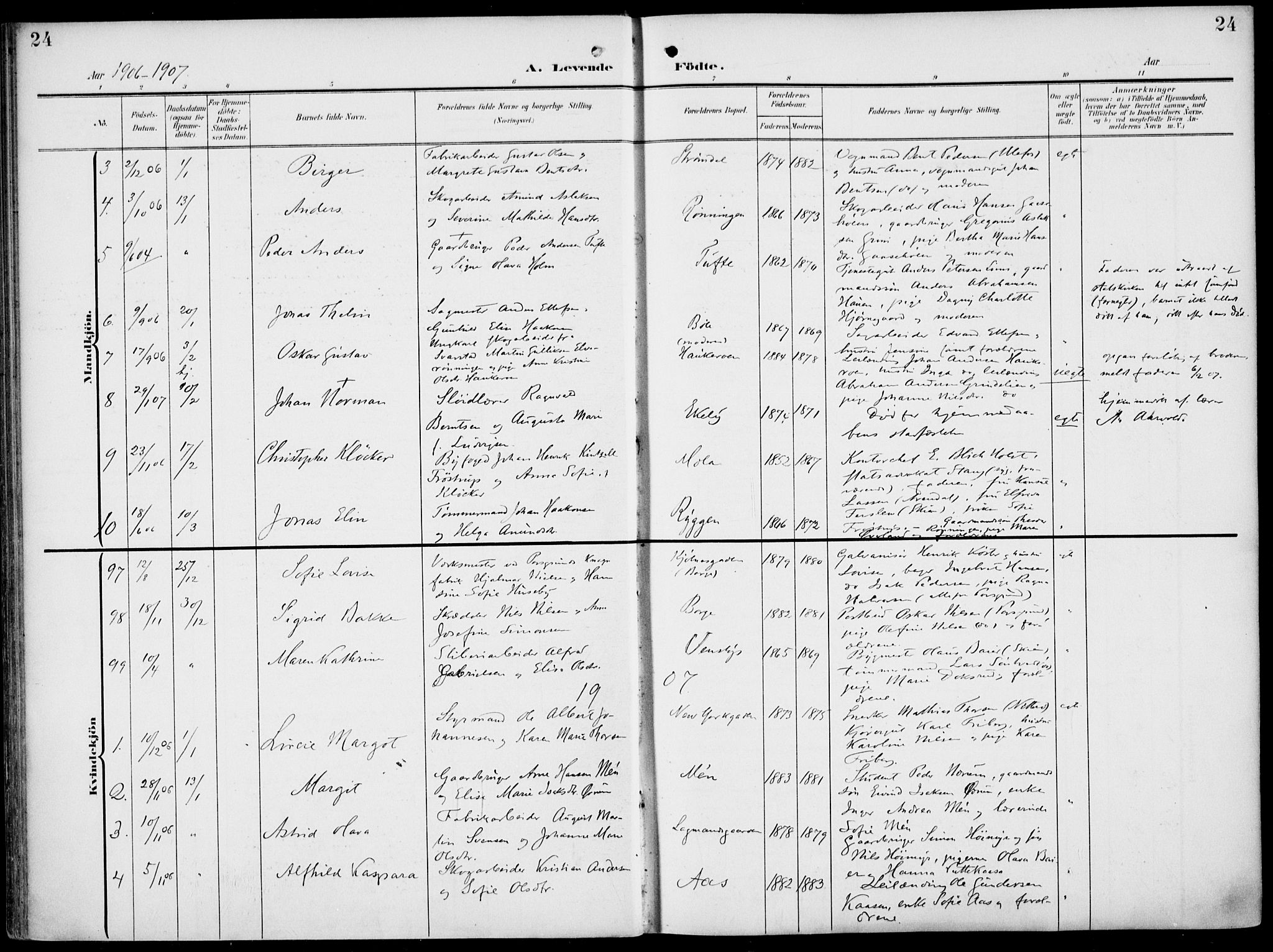 Gjerpen kirkebøker, AV/SAKO-A-265/F/Fa/L0012: Parish register (official) no. I 12, 1905-1913, p. 24