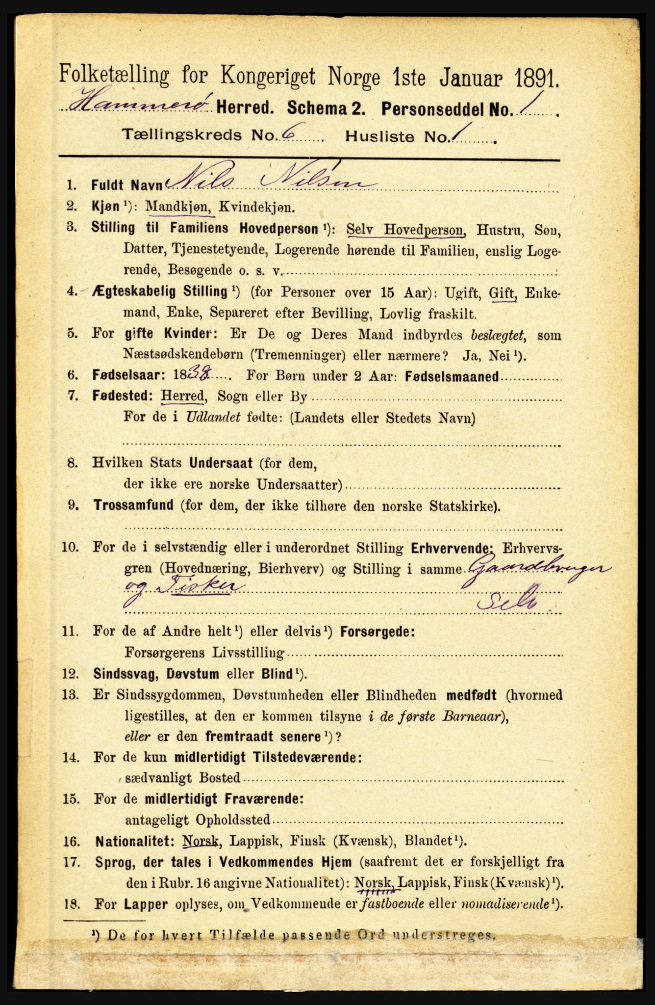 RA, 1891 census for 1849 Hamarøy, 1891, p. 3015