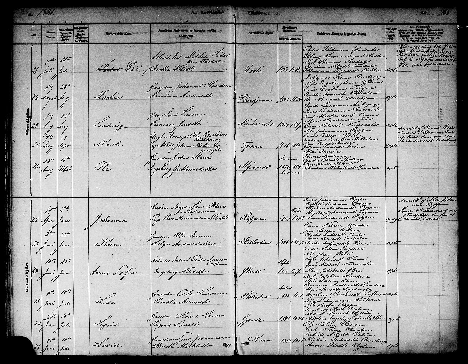 Sogndal sokneprestembete, AV/SAB-A-81301/H/Haa/Haab/L0001: Parish register (official) no. B 1, 1878-1899, p. 30