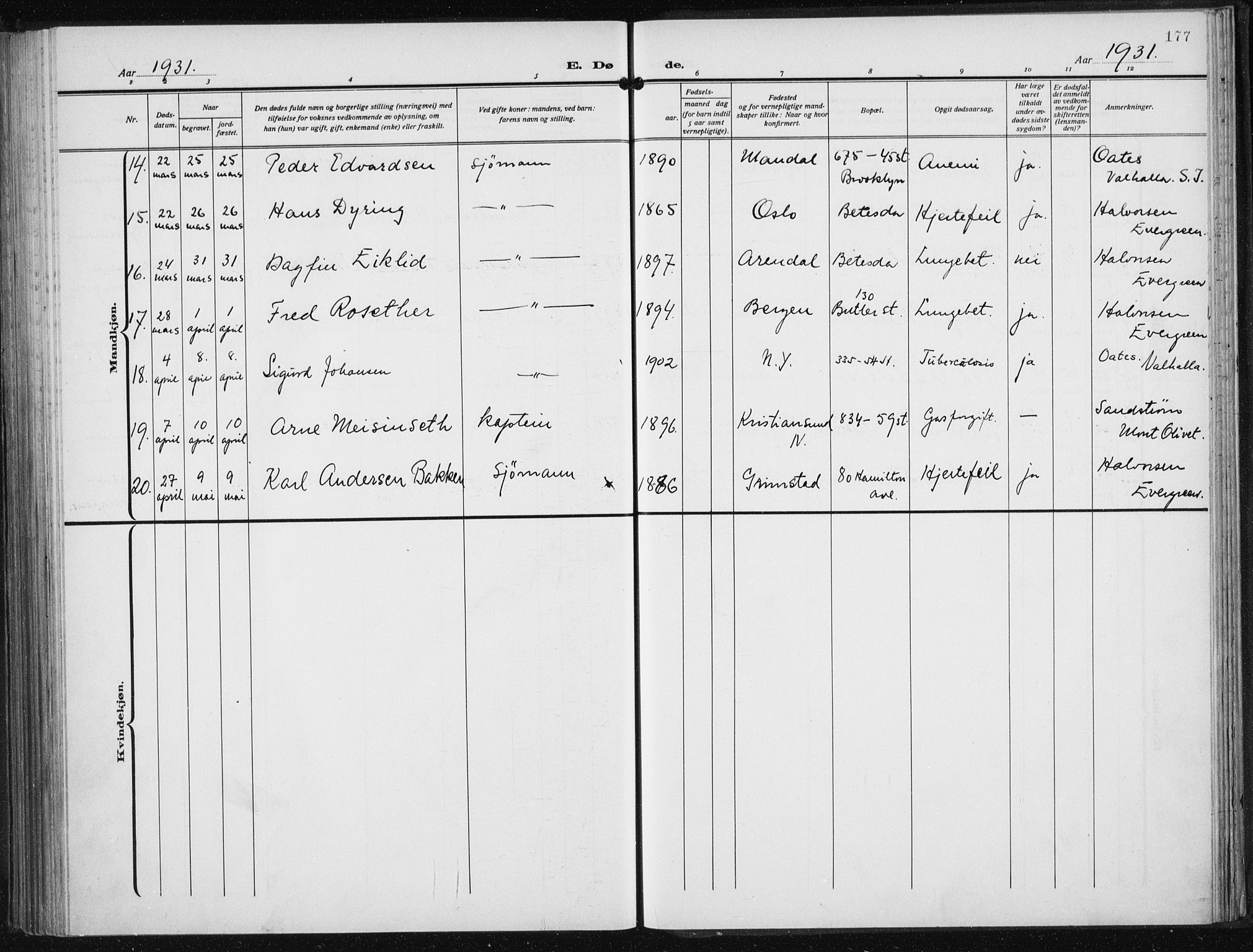 Den norske sjømannsmisjon i utlandet/New York, AV/SAB-SAB/PA-0110/H/Ha/L0008: Parish register (official) no. A 8, 1923-1935, p. 177