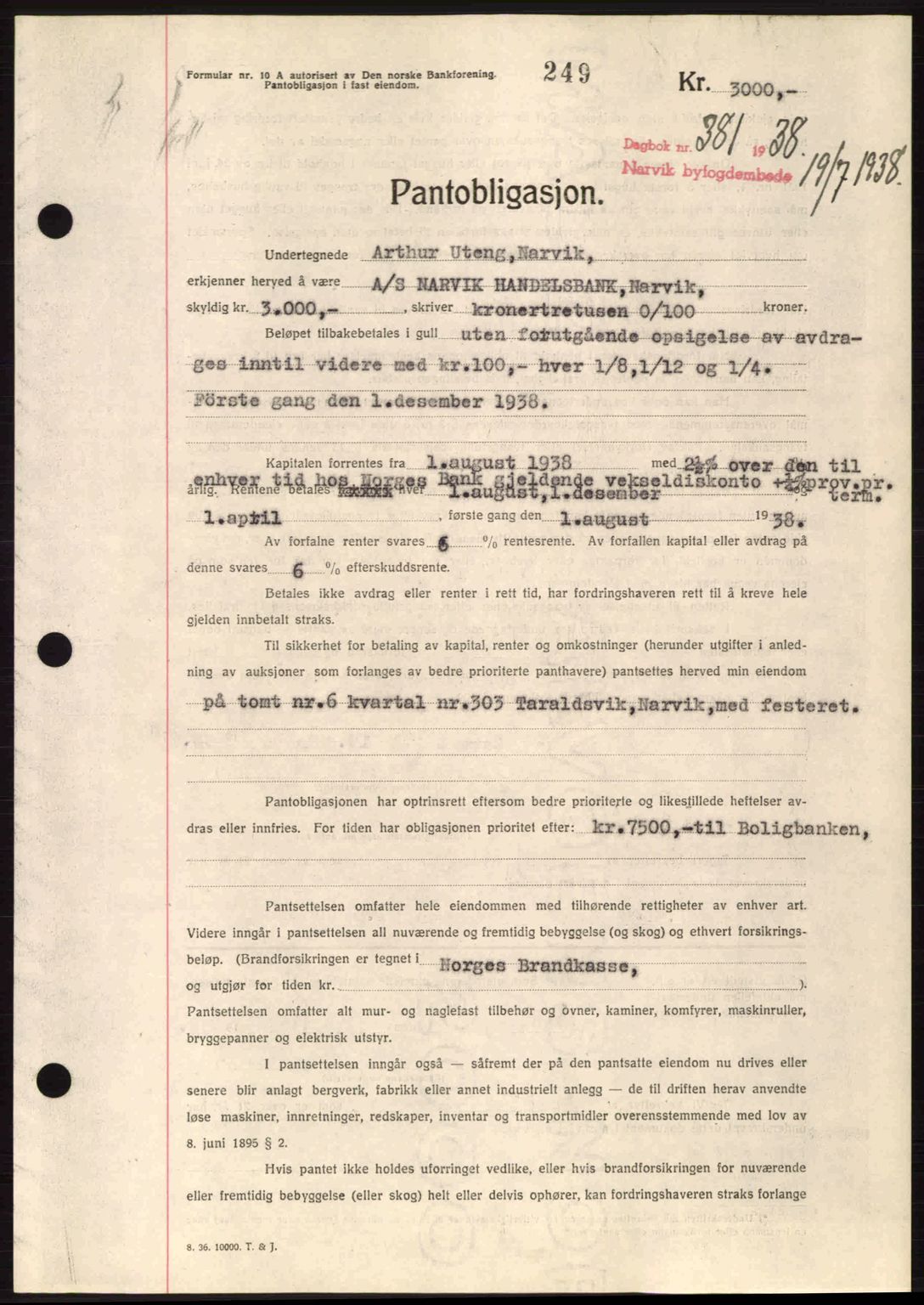 Narvik sorenskriveri, AV/SAT-A-0002/1/2/2C/2Ca: Mortgage book no. A15, 1937-1939, Diary no: : 381/1938