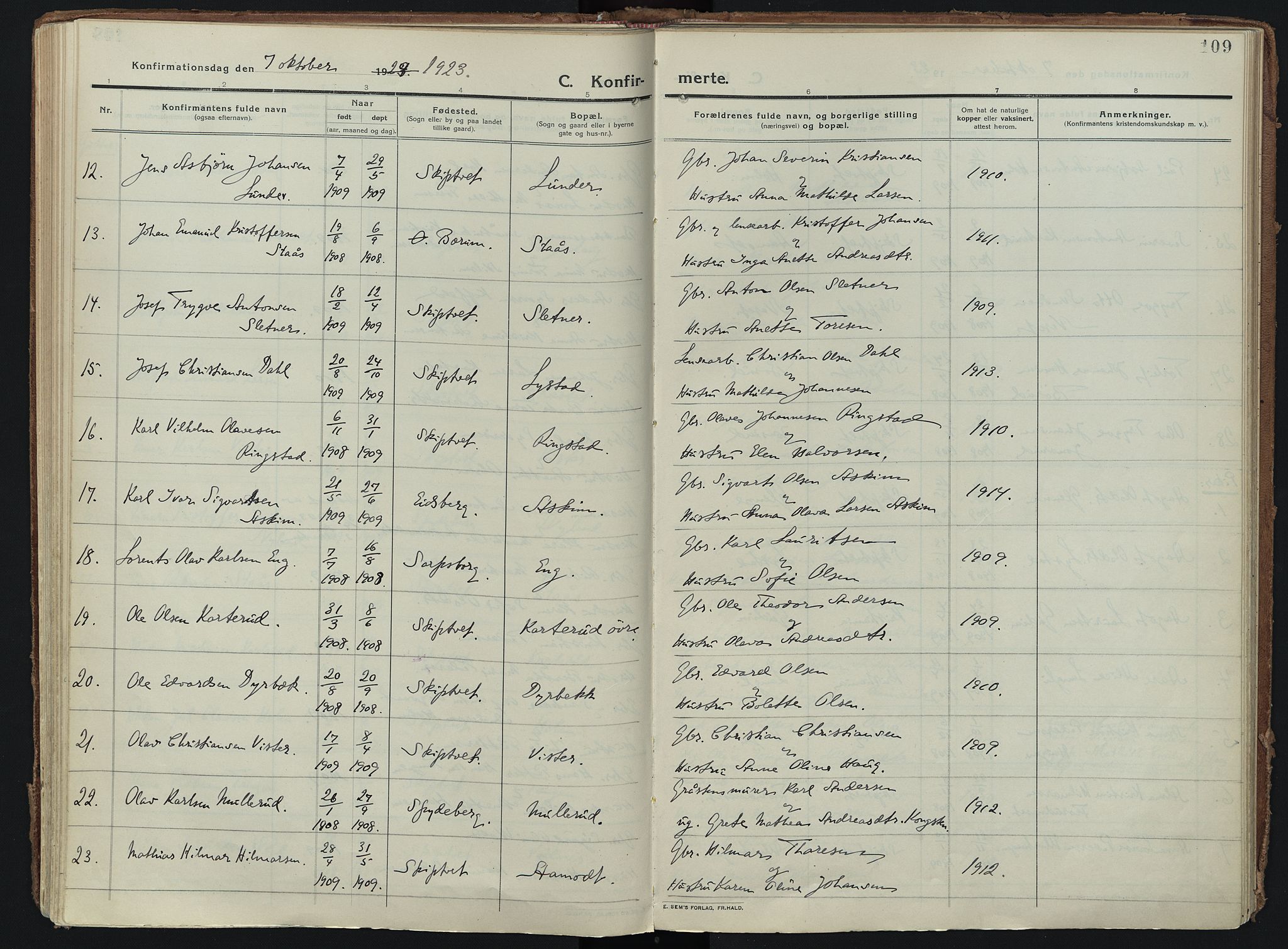 Skiptvet prestekontor Kirkebøker, AV/SAO-A-20009/F/Fa/L0012: Parish register (official) no. 12, 1913-1924, p. 109