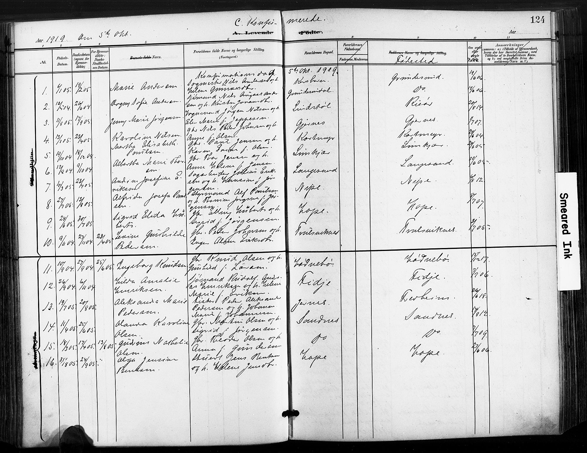 Søndeled sokneprestkontor, AV/SAK-1111-0038/F/Fa/L0006: Parish register (official) no. A 6, 1900-1922, p. 124