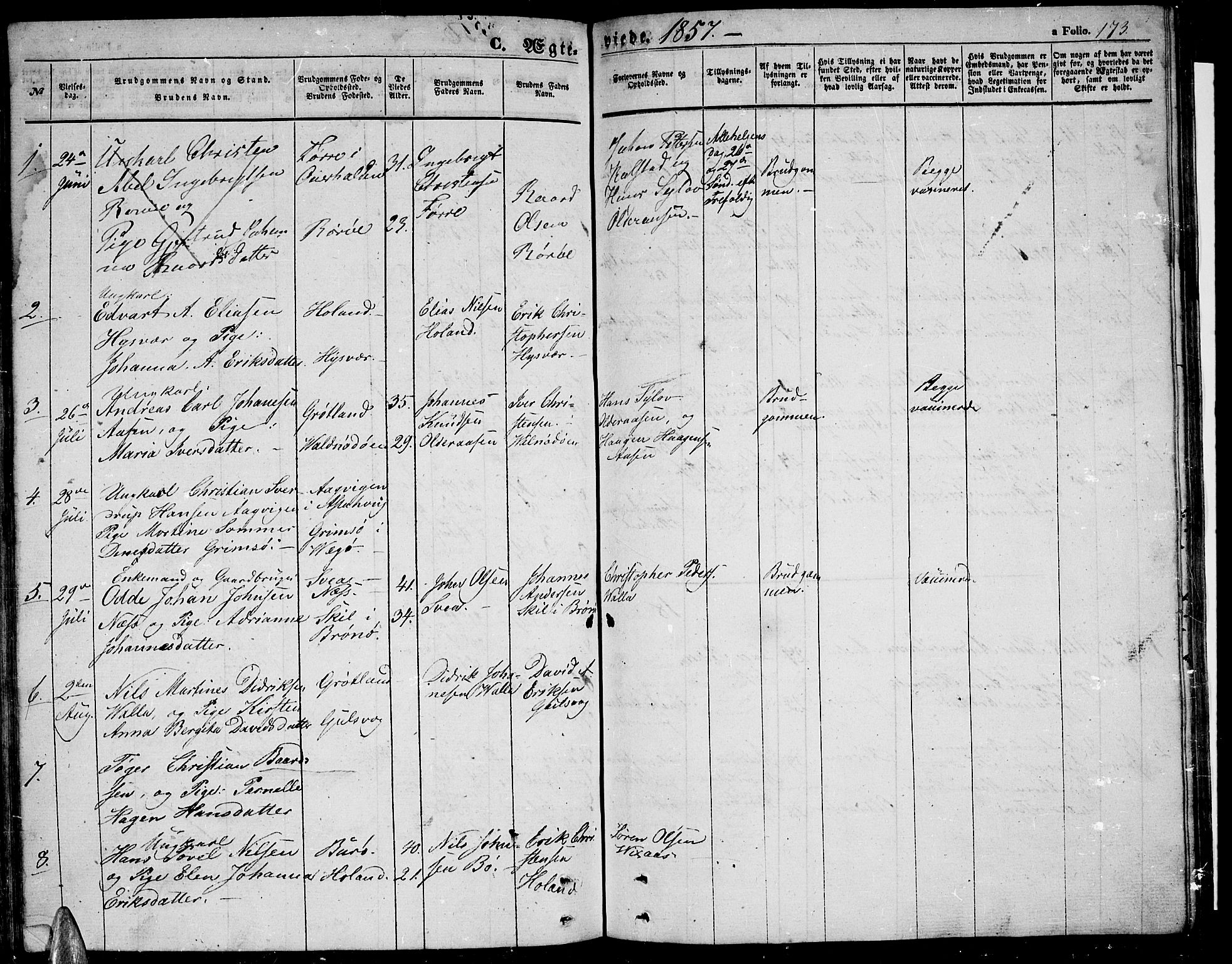 Ministerialprotokoller, klokkerbøker og fødselsregistre - Nordland, SAT/A-1459/816/L0251: Parish register (copy) no. 816C01, 1852-1870, p. 173
