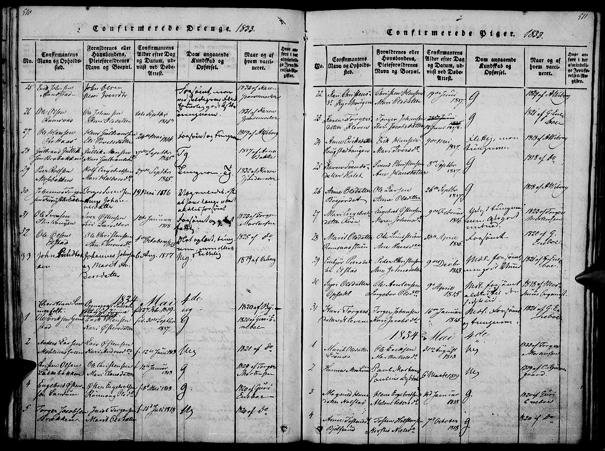 Ringebu prestekontor, SAH/PREST-082/H/Ha/Haa/L0004: Parish register (official) no. 4, 1821-1839, p. 510-511