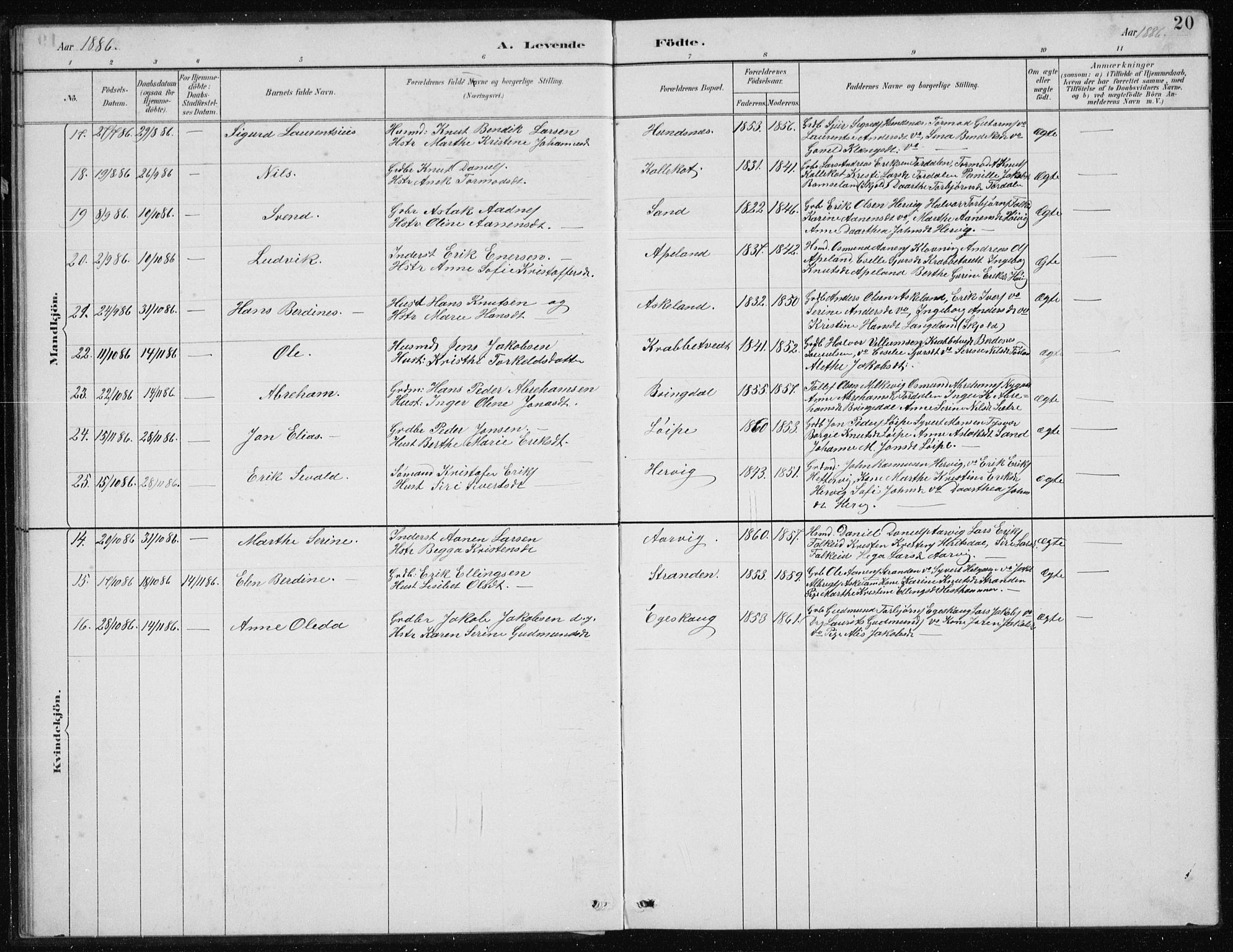 Tysvær sokneprestkontor, AV/SAST-A -101864/H/Ha/Hab/L0004: Parish register (copy) no. B 4, 1883-1896, p. 20