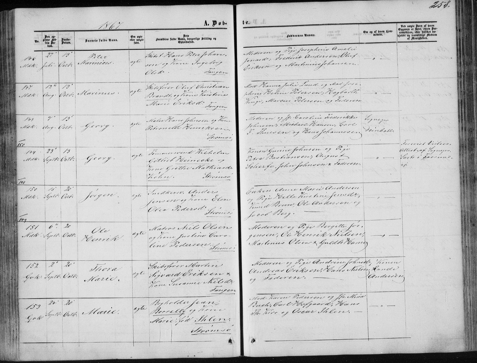 Strømsø kirkebøker, AV/SAKO-A-246/F/Fa/L0015: Parish register (official) no. I 15, 1859-1868, p. 258