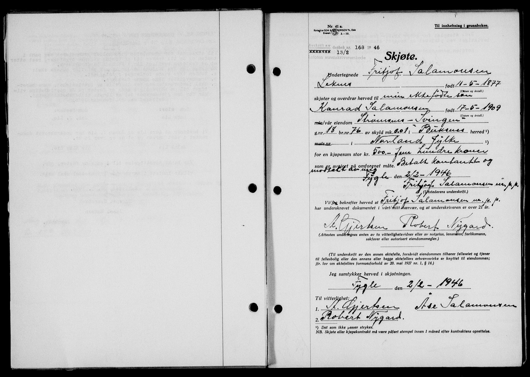 Lofoten sorenskriveri, SAT/A-0017/1/2/2C/L0013a: Mortgage book no. 13a, 1944-1946, Diary no: : 168/1946