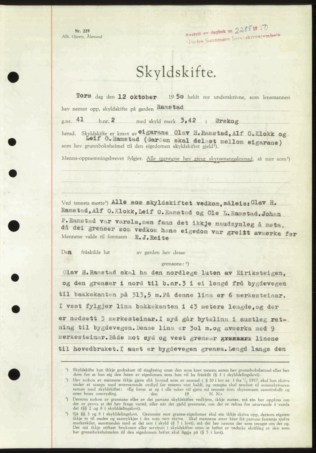 Nordre Sunnmøre sorenskriveri, AV/SAT-A-0006/1/2/2C/2Ca: Mortgage book no. A36, 1950-1950, Diary no: : 2288/1950