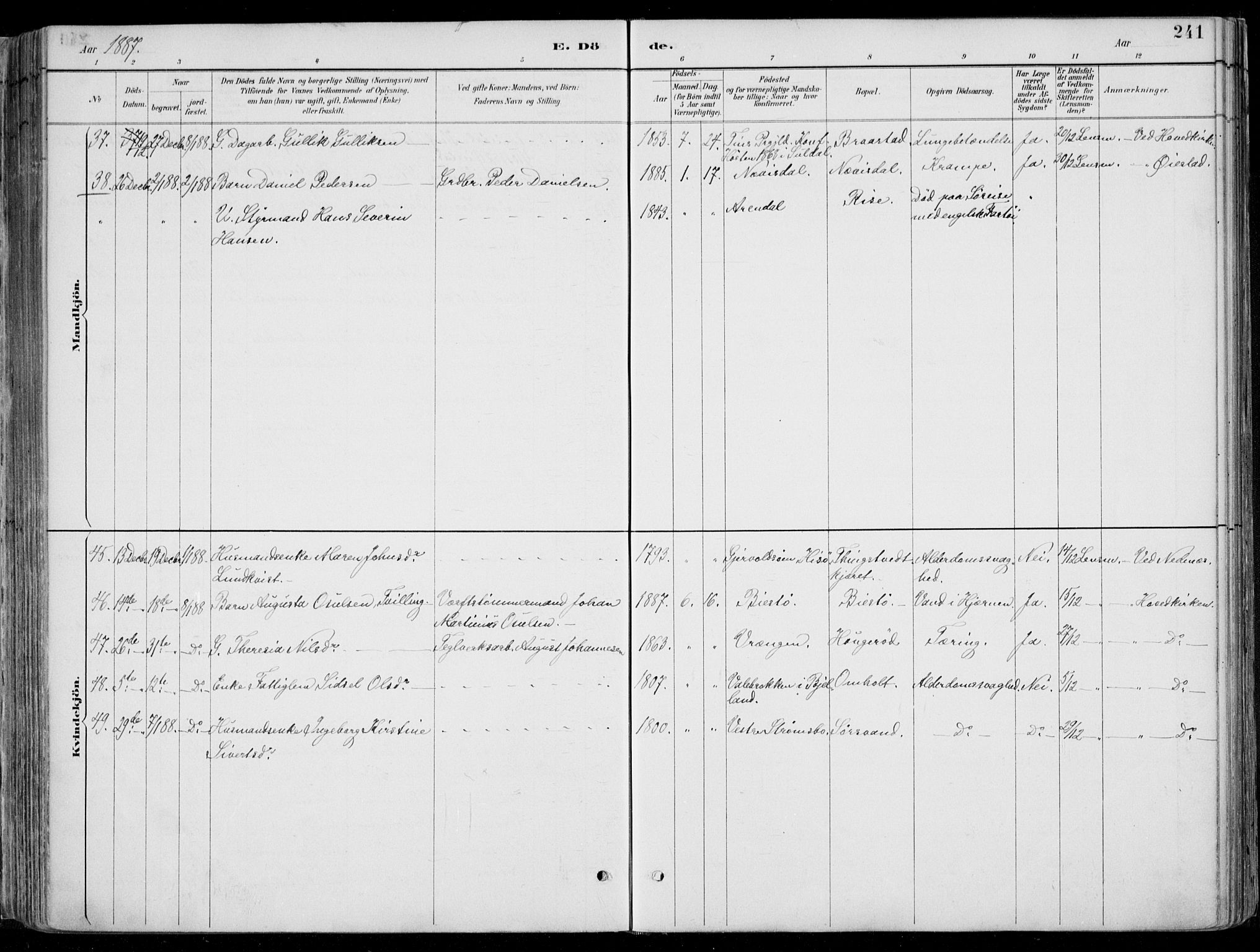 Øyestad sokneprestkontor, AV/SAK-1111-0049/F/Fa/L0017: Parish register (official) no. A 17, 1887-1896, p. 241