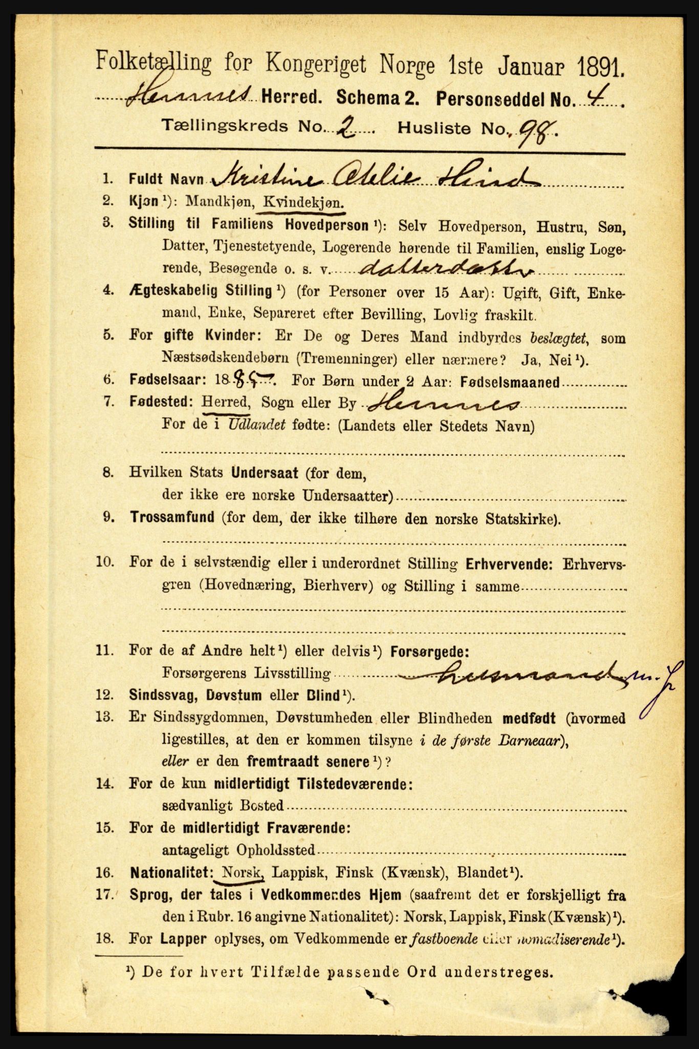 RA, 1891 census for 1832 Hemnes, 1891, p. 1880