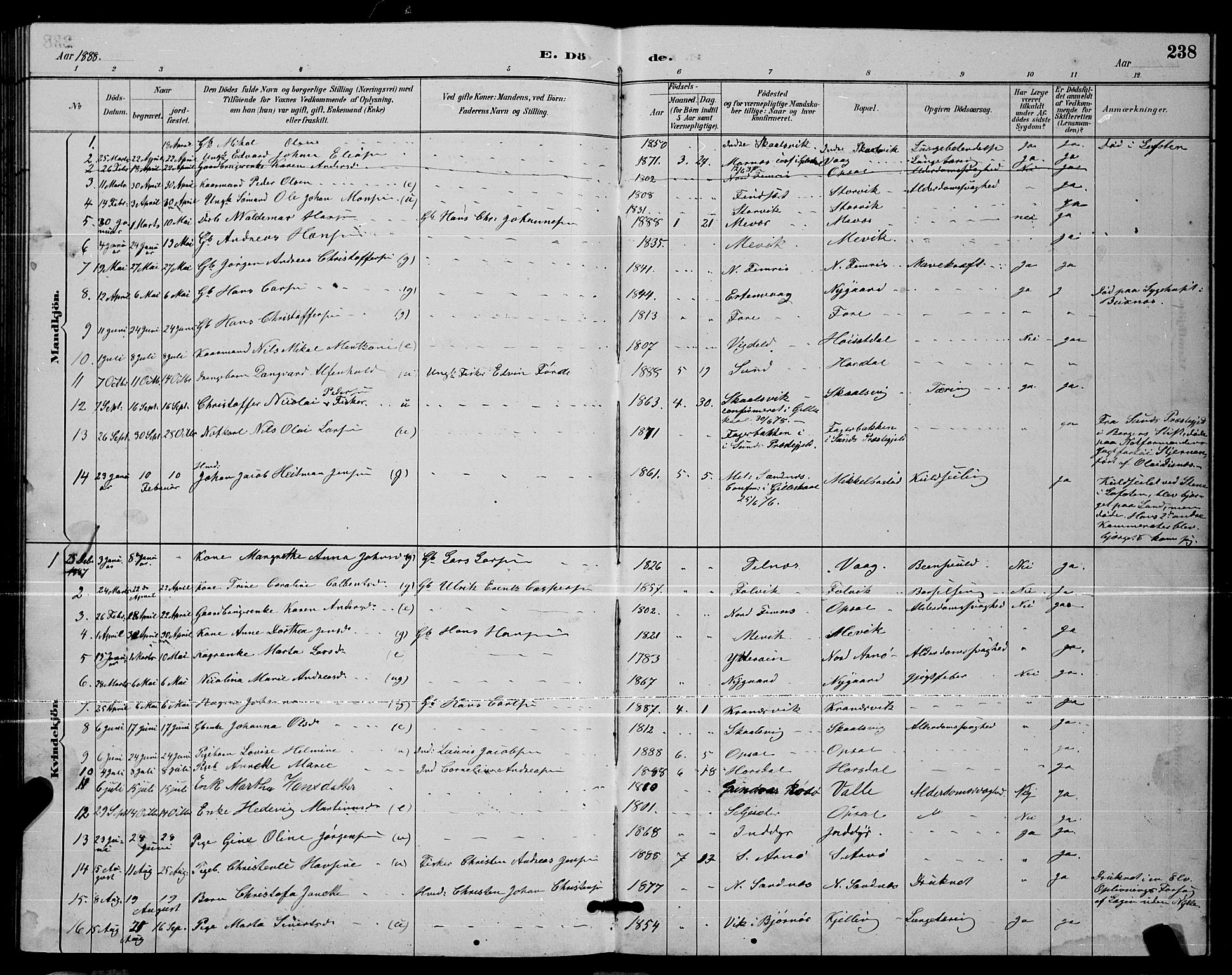 Ministerialprotokoller, klokkerbøker og fødselsregistre - Nordland, AV/SAT-A-1459/805/L0108: Parish register (copy) no. 805C04, 1885-1899, p. 238