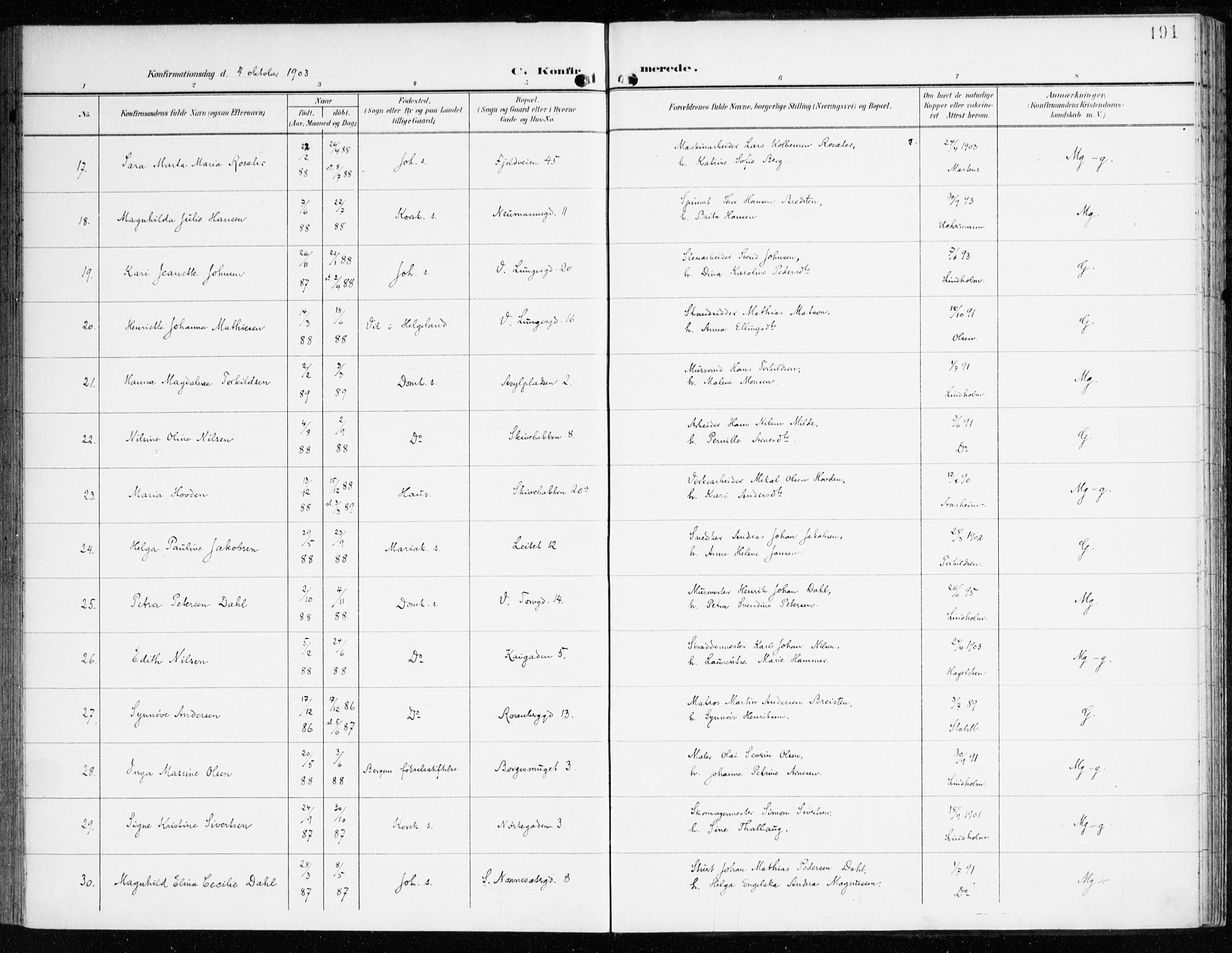 Domkirken sokneprestembete, AV/SAB-A-74801/H/Haa/L0031: Parish register (official) no. C 6, 1898-1915, p. 191