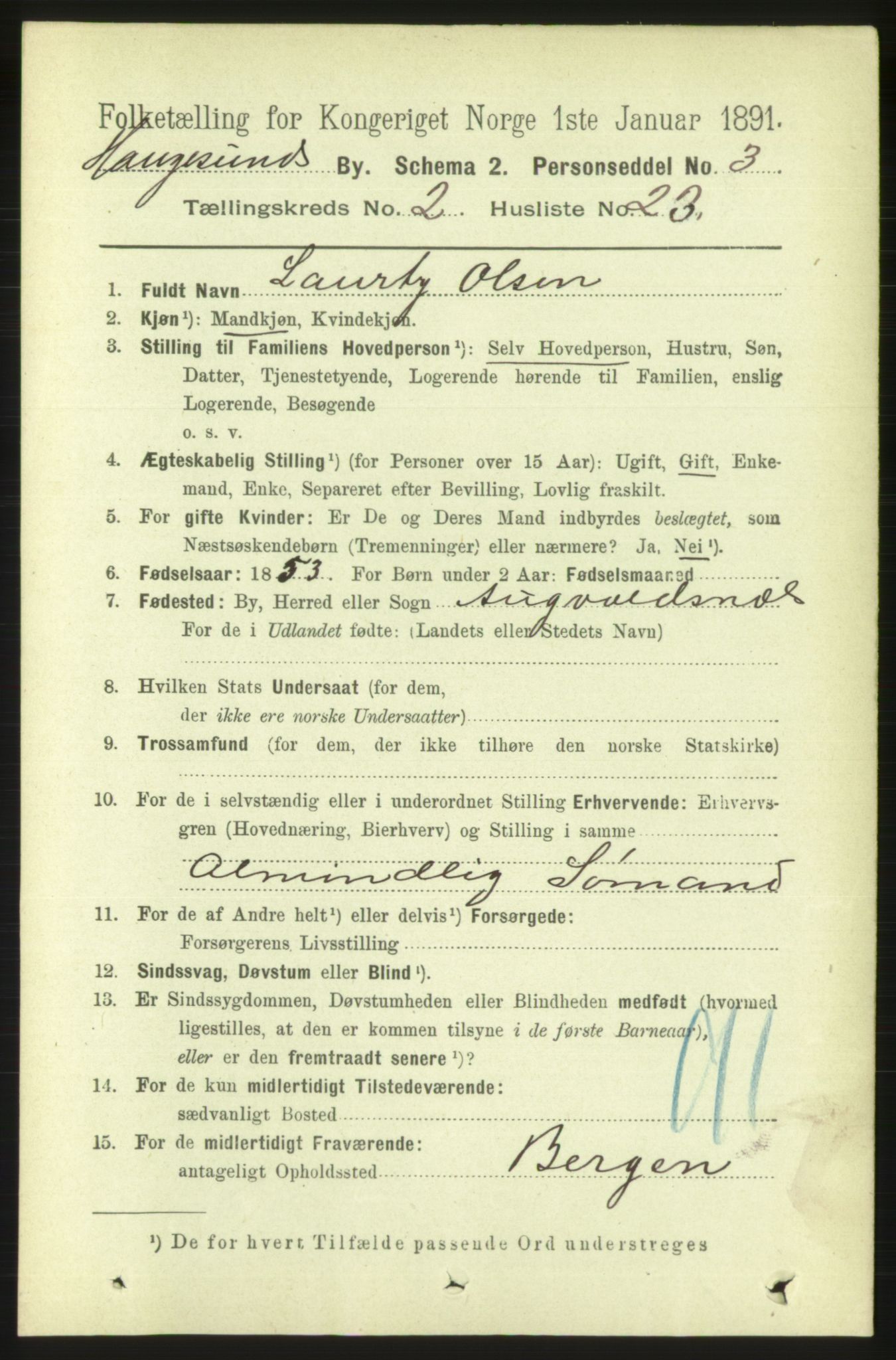 RA, 1891 census for 1106 Haugesund, 1891, p. 1048