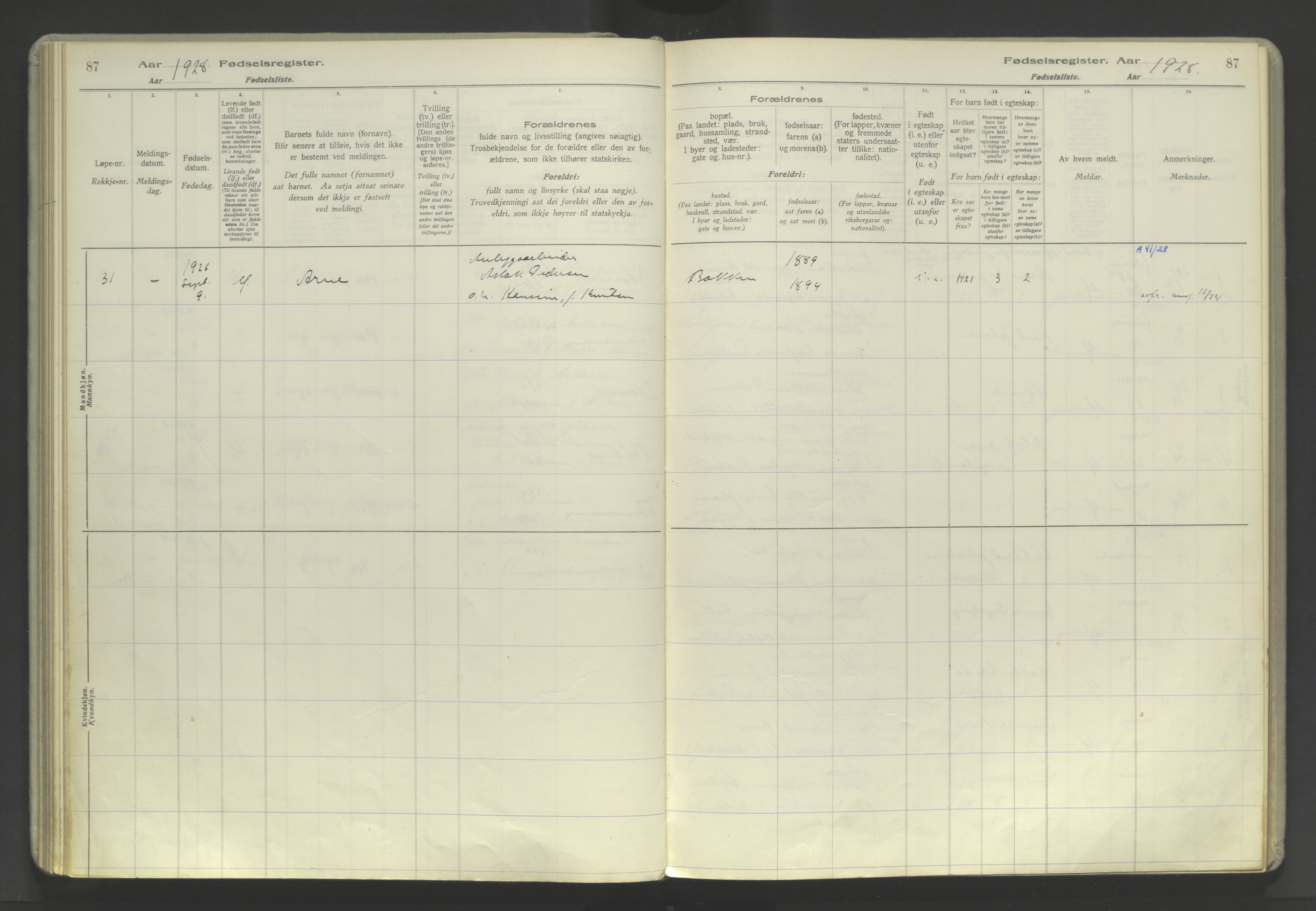 Skjervøy sokneprestkontor, AV/SATØ-S-1300/I/Ia/L0060: Birth register no. 60, 1916-1947, p. 87