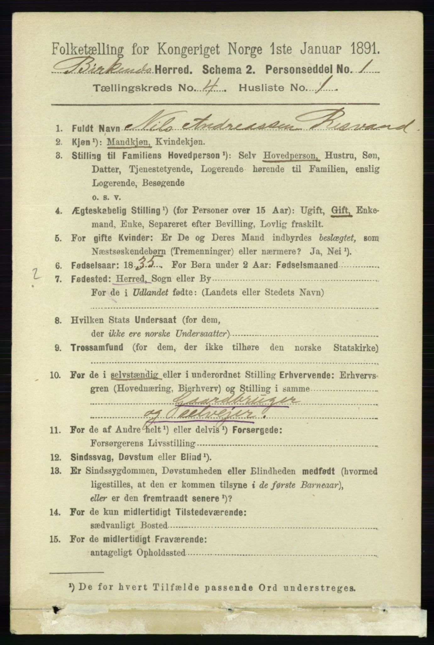 RA, 1891 Census for 0928 Birkenes, 1891, p. 1248
