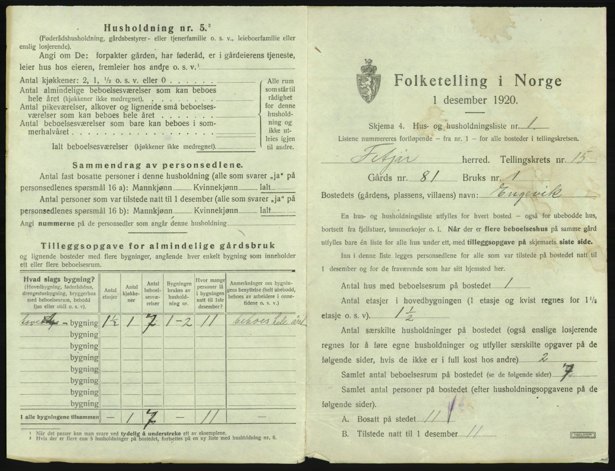 SAB, 1920 census for Fitjar, 1920, p. 896